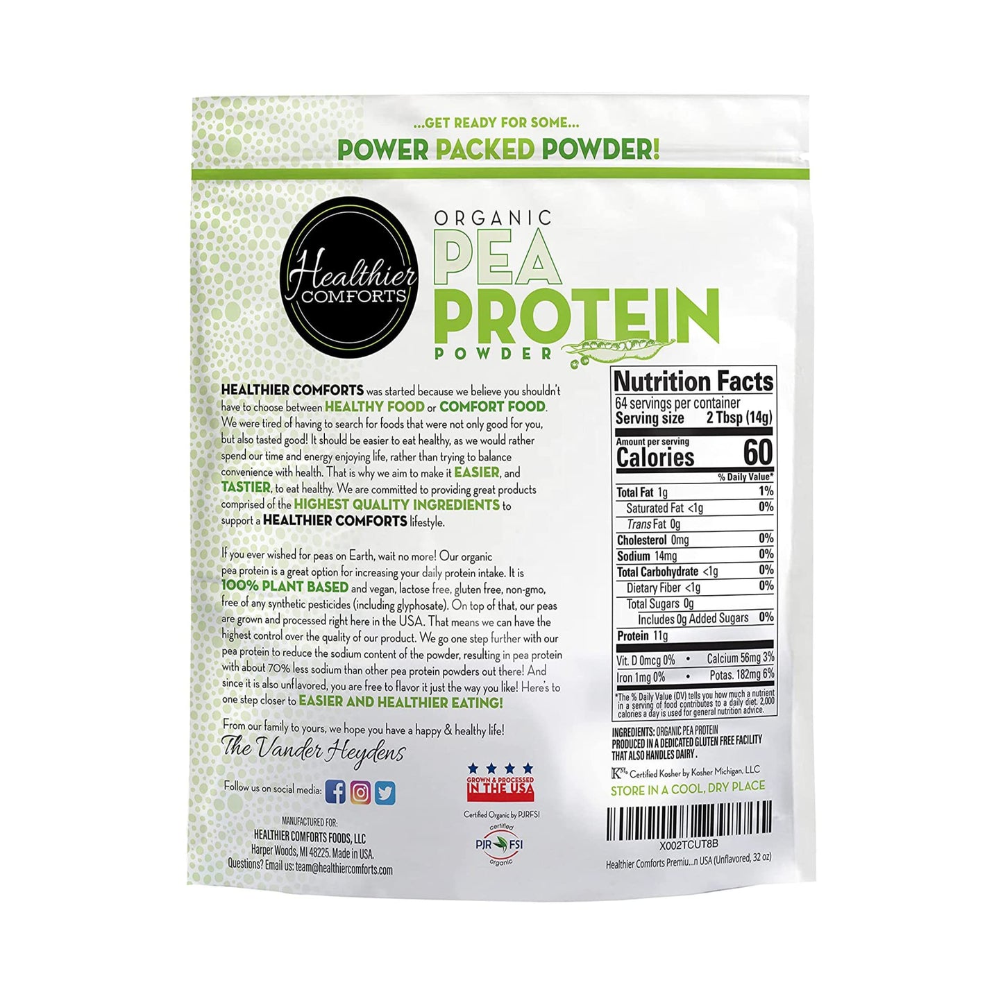Healthier Comforts Pea Vegan Protein Powder w/Low Sodium | 100% Plant Based Protein Powder | Kosher, Gluten Free, Non-GMO, Keto Friendly, Organic Protein Powder | Unflavored Protein Powder 32oz
