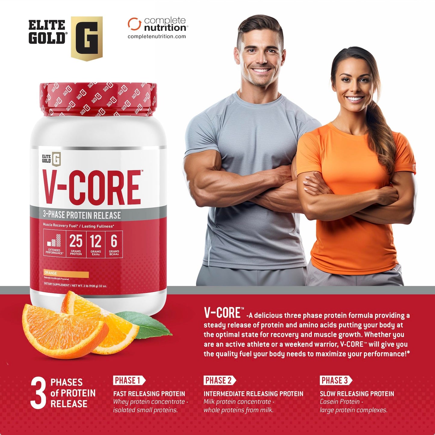 V-Core Orange Cream Protein Powder, Whey Protein, High Protein, Casein Protein, 25g Protein, 12g EAAs, 6g BCAAs, 2 lb Tub (23 Servings)