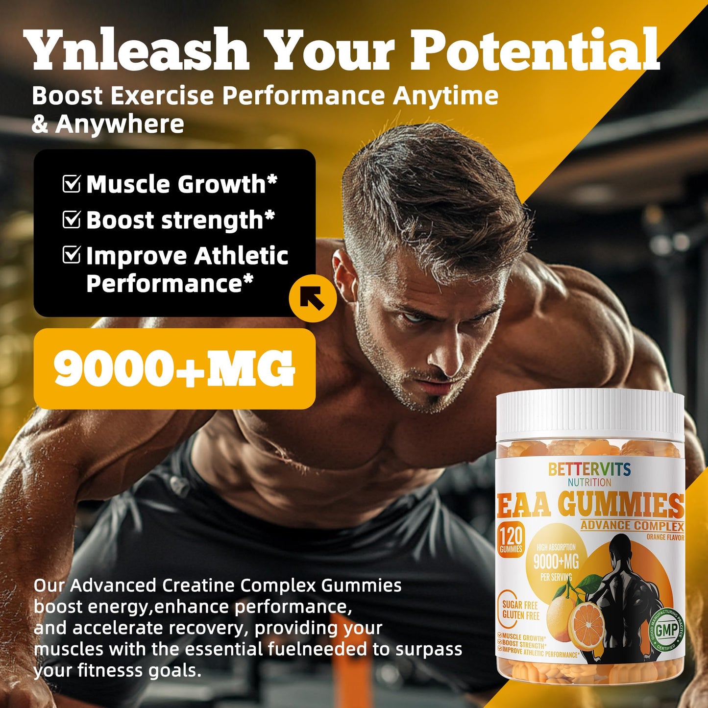 Bettervits Nutrition EAA Gummies 120 Gummies (Orange), 9000 mg Essential Amino Acids - All 9 Essential Aminos (EAA) and All Branched-Chain Aminos (BCAAs), Non-GMO, Gluten Free, Vegetarian Friendly