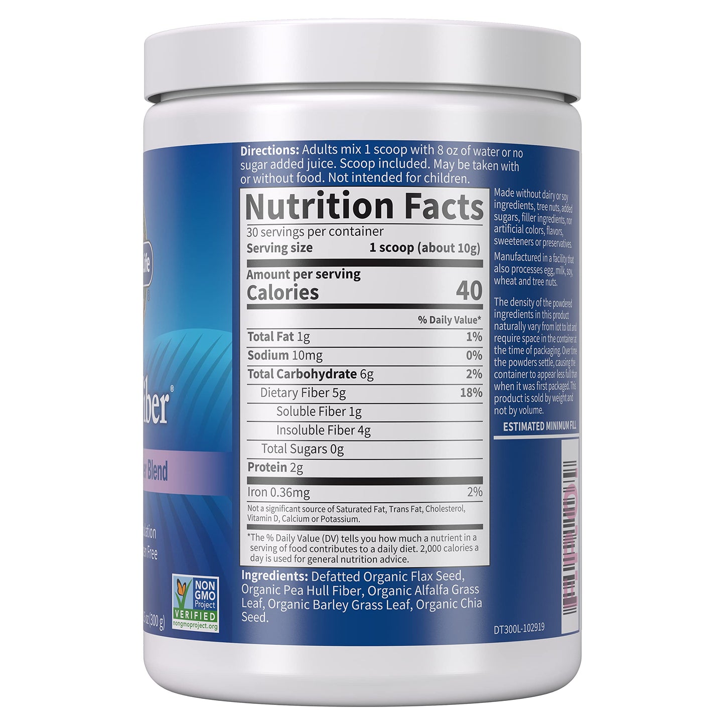Garden of Life Organic Unflavored Fiber Powder Detox Blend with Chia, Alfalfa & Barley for Herbal Cleanse, Gut Health Support - Detoxifiber - Non-GMO, Gluten-Free, Psyllium Free, Vegan, 30 Servings
