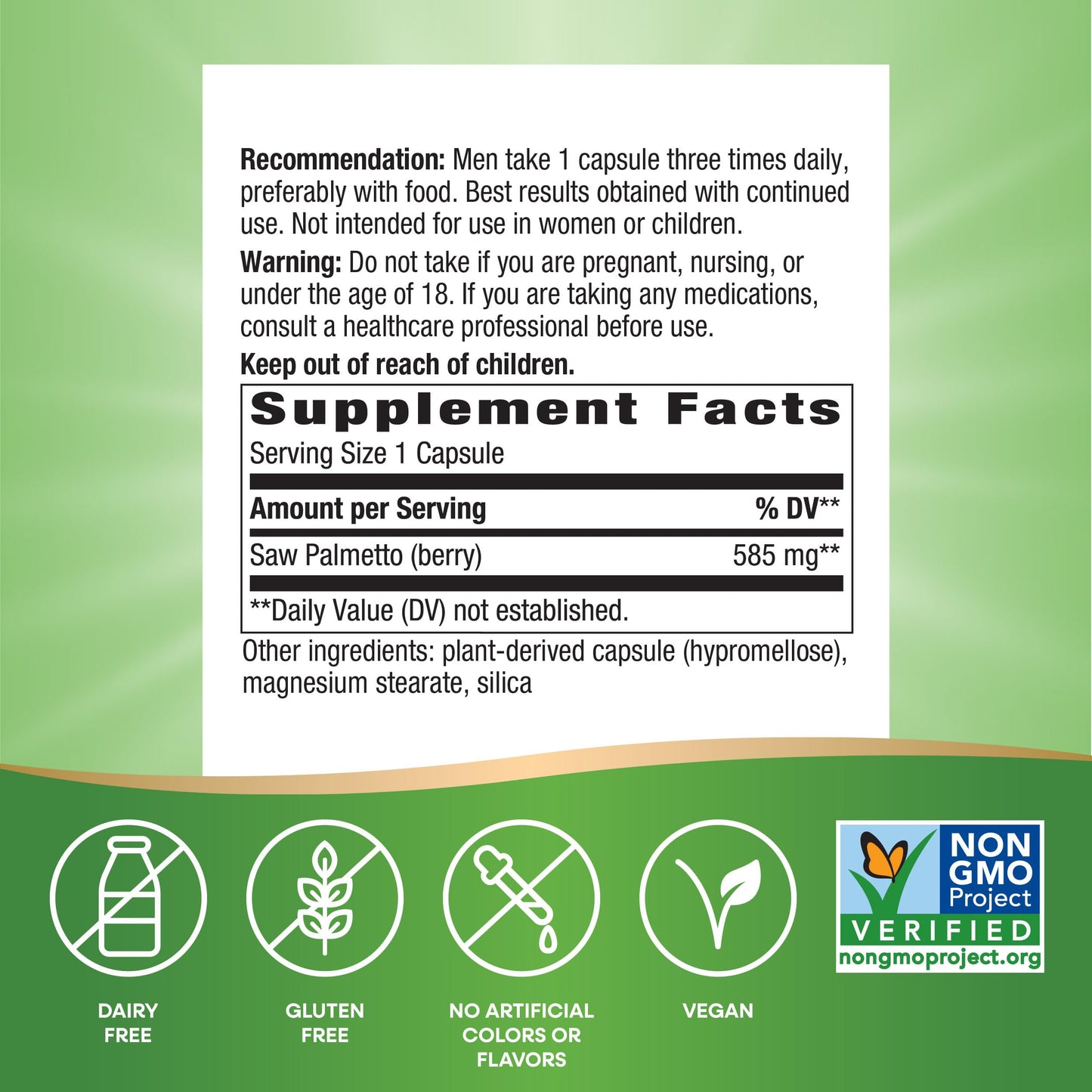 Nature's Way Saw Palmetto Berries, Traditional Prostate Support*, 585 mg per Serving, Non-GMO Project Verified, Vegan, 180 Capsules (Packaging May Vary)