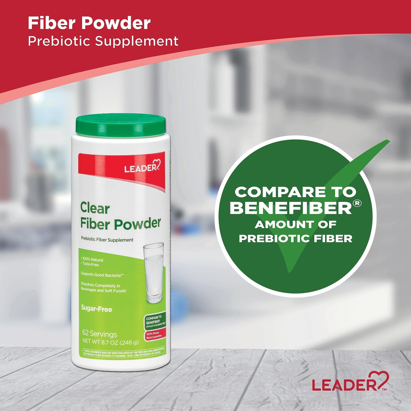 Leader Prebiotic Fiber Supplement Powder for Digestive Health, 100% Natural Daily Fiber Powder, Sugar-Free, Taste-Free, Gluten Free, Non-GMO, Unflavored, 62 Servings (8.7 OZ) (Pack of 1)