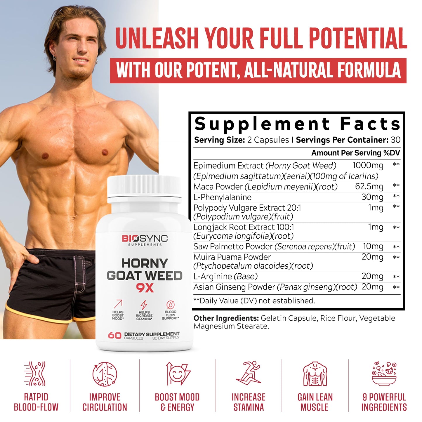 BioSync 9 in 1 Horny Goat Weed | Pills for Men Fast Acting Blood Flow | Performance Supplement for Size, Muscle Mass, Circulation | 9 Ultra Ingredients for Fast Results | Proven to Work - 60 Caps