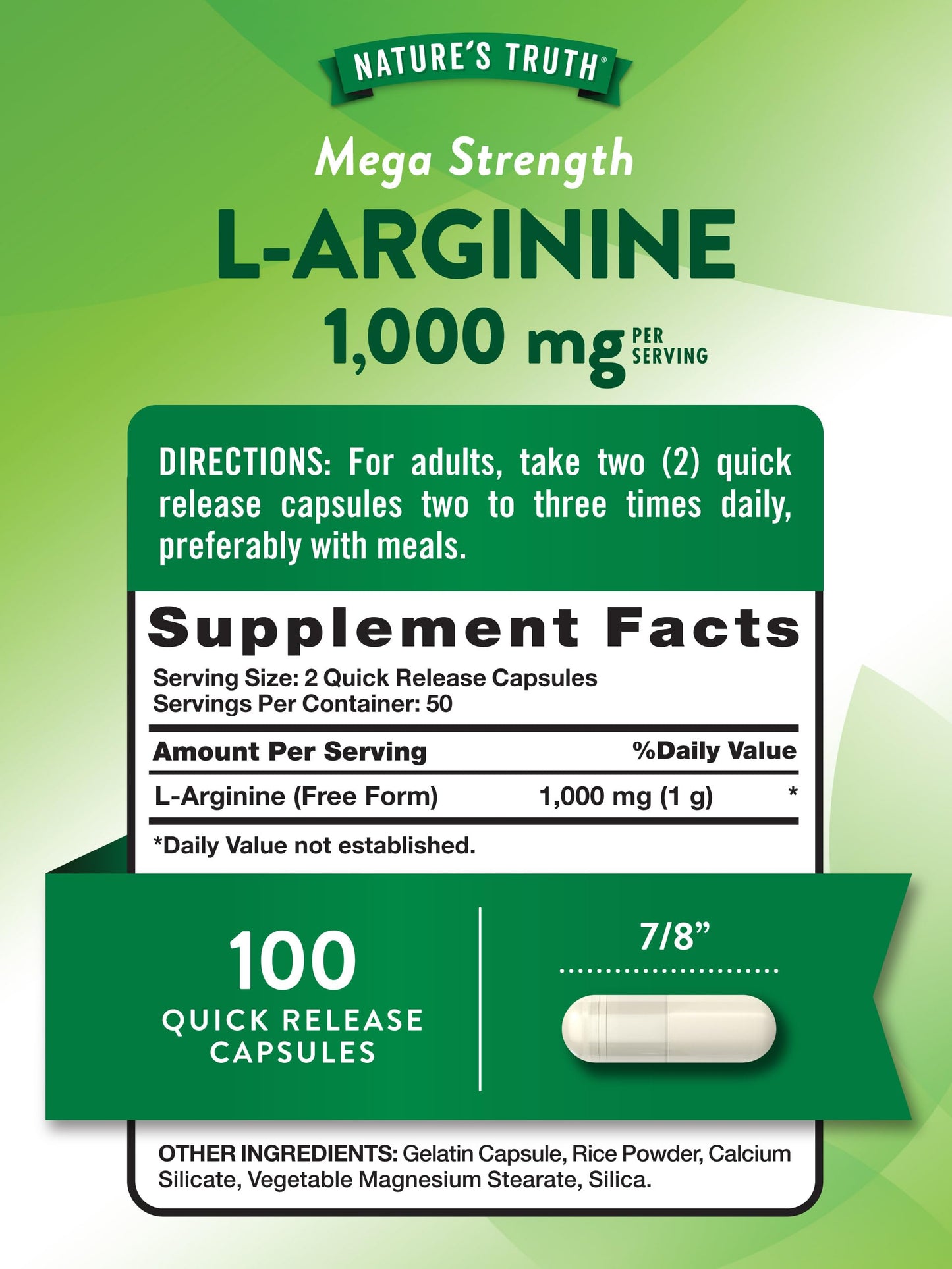Nature's Truth L-Arginine 1000mg | 100 Capsules | Mega Strength | Non-GMO & Gluten Free Supplement