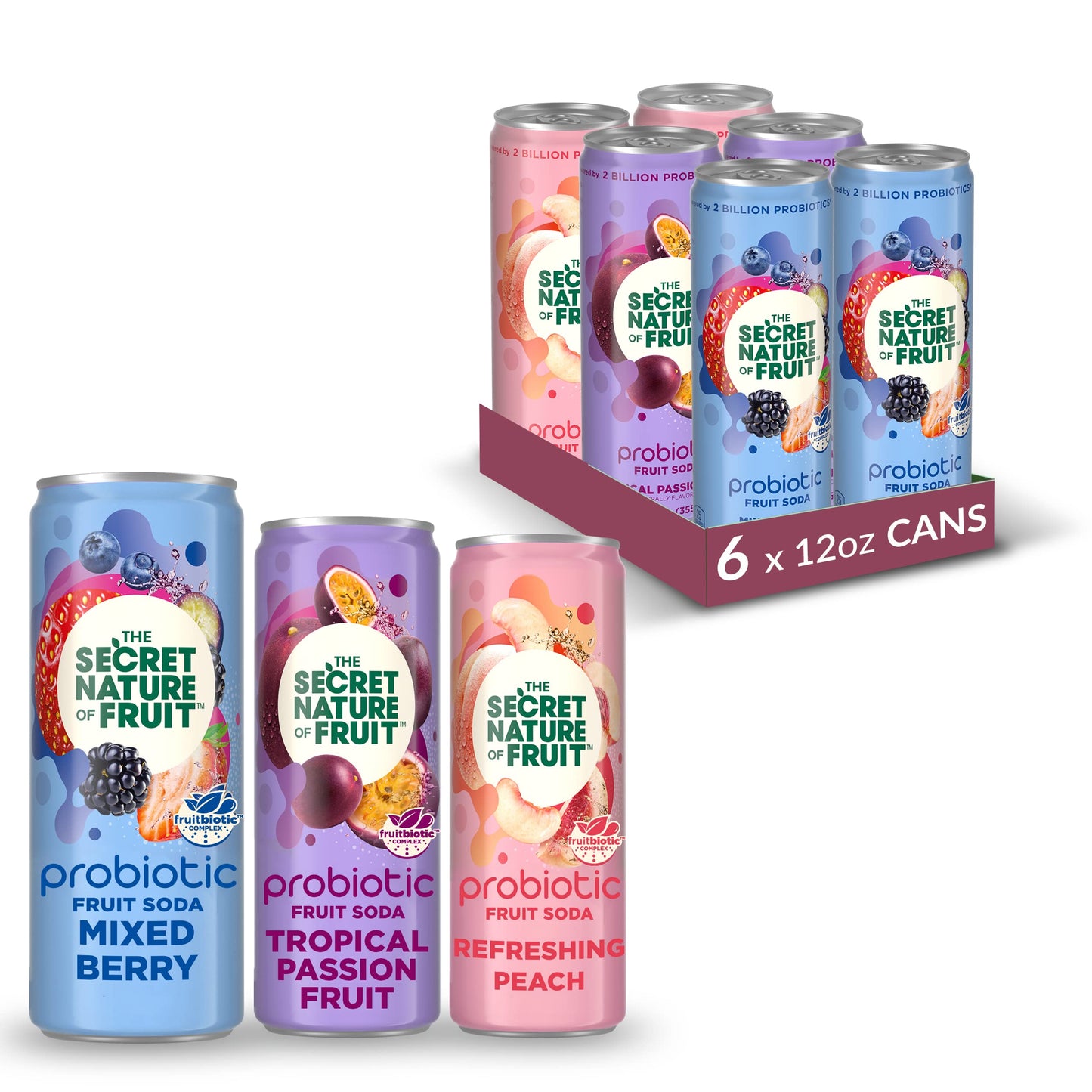 The Secret Nature of Fruit Probiotic Fruit Soda 3Flavor Variety Pack Supports Gut Health Immunity 2 Billion Probiotics Zero Added Sugar 15 Fruit Juice High in Vitamin C 12oz Pack of 6