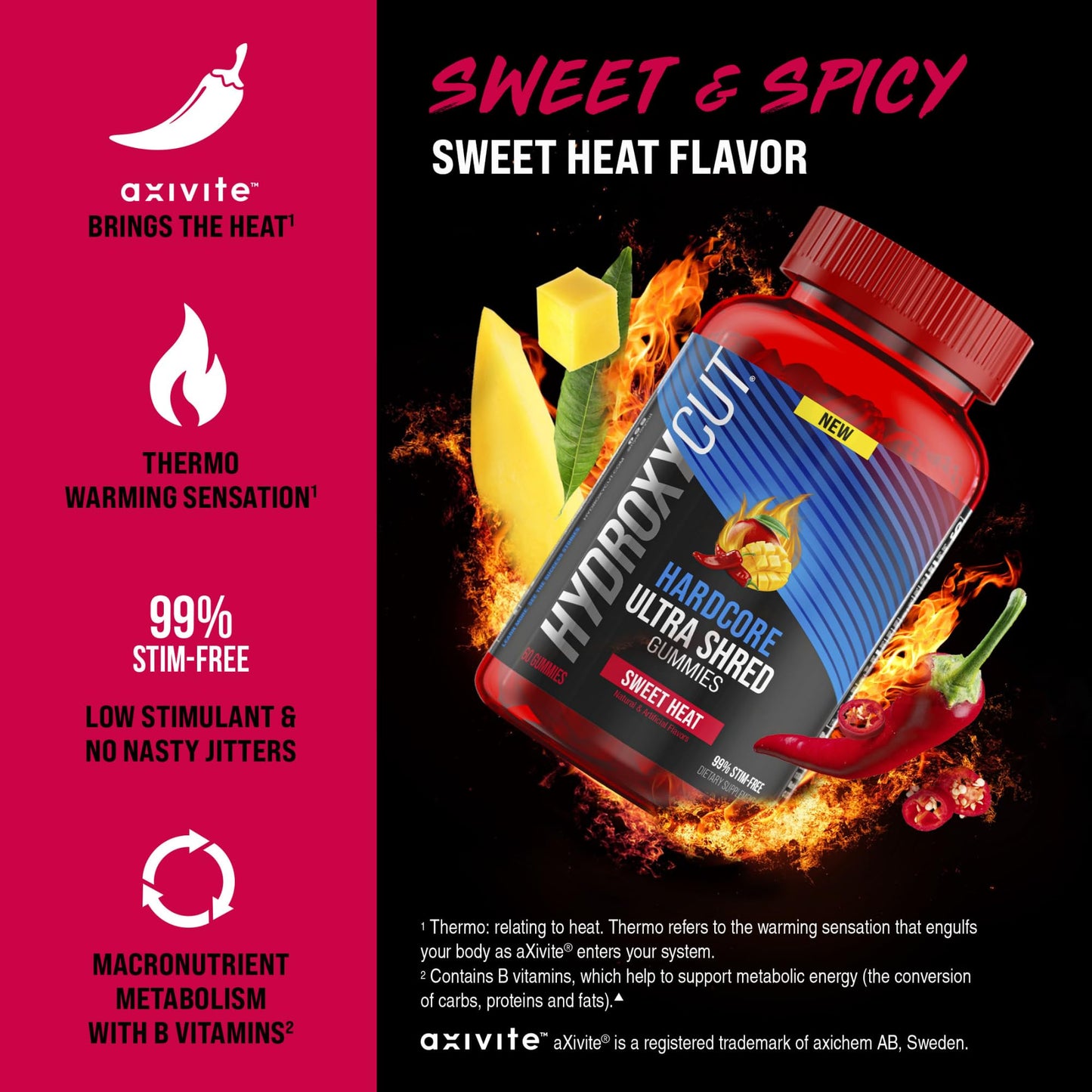 Hydroxycut Hardcore Ultra Shred Gummies, Sweet Heat - 99% Stimulant Free - Includes Capsaicin & B Vitamins - for Women & Men