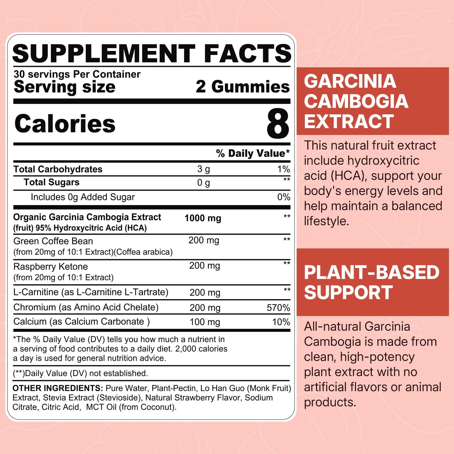 Sugar Free Garcinia Cambogia Gummies 1000mg 95% HCA Pure Extract with L-Carnitine, Raspberry Ketone, Chromium, Green Coffee Bean for Metabolism, 100% Organic Extract, Vegan, Strawberry Flavor 60 Cts