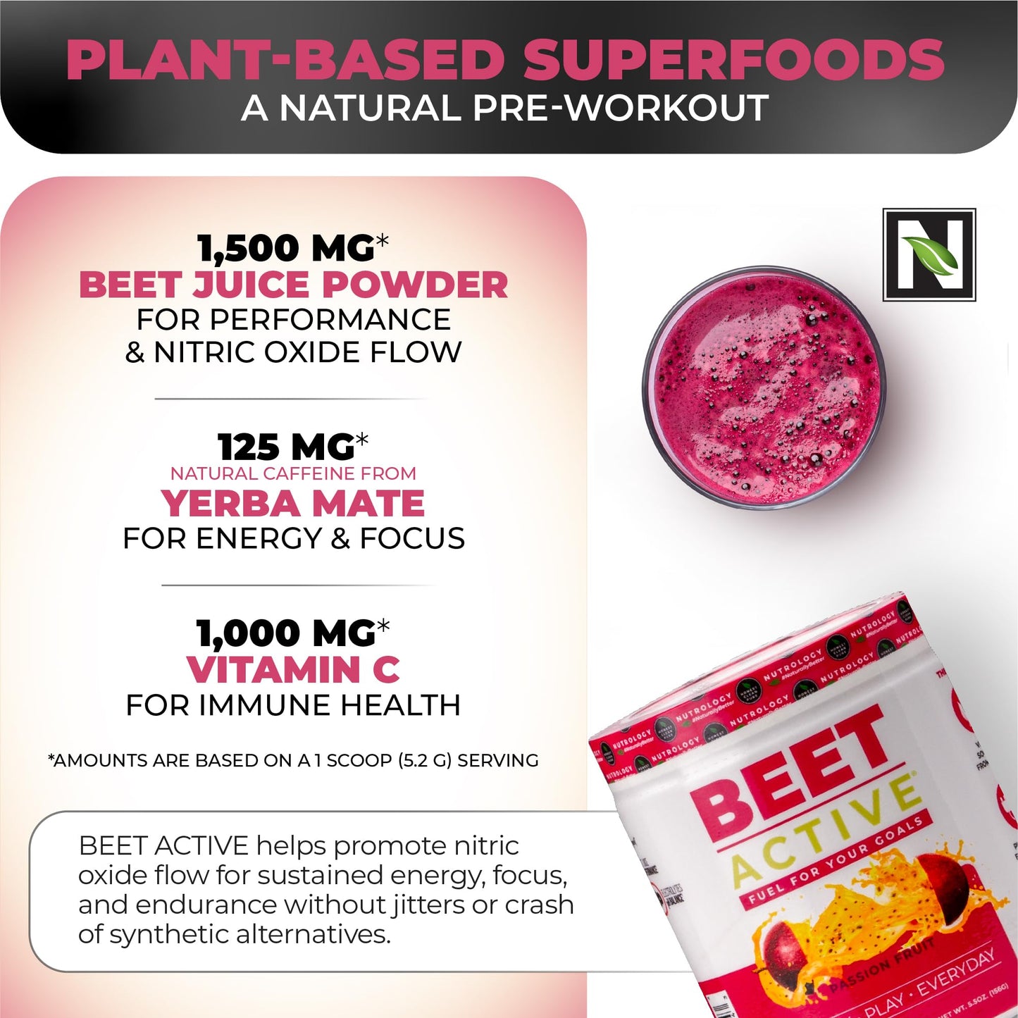 Nutrology Beet Active, Natural Pre-Workout Powder, Supports Energy, Endurance & Nitric Oxide Flow with Beet Powder, Yerba Mate & Electrolytes, Vegan Pre Workout, Passion Fruit Flavor, 30 Servings