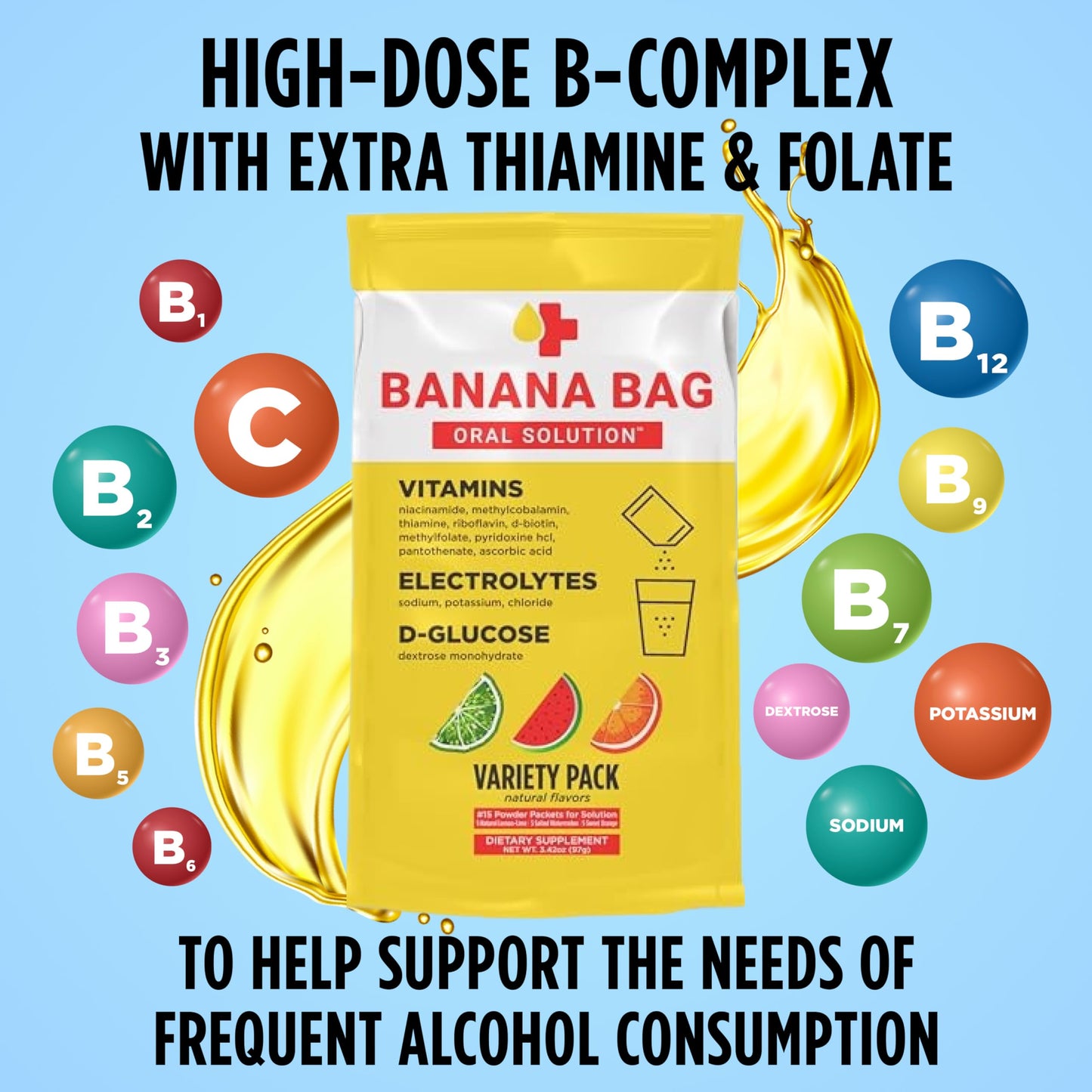 Banana Bag Oral Solution Packets - Variety Pack 15pk | A Refreshing Blend of Electrolytes, Vitamin C, and B-Complex | Crafted for Hydration and Energy Anytime, Whether at Home, Work, or on The Go