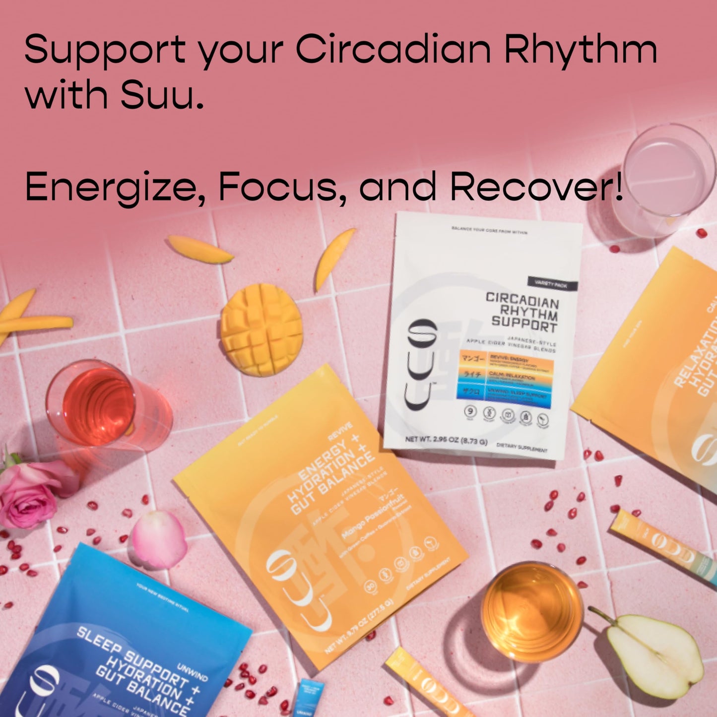 SUU Circadian Hydration Powder Packets with Organic Apple Cider Vinegar, Electrolytes and Functional Ingredients for Sleep Support, Natural Energy & Mental Focus, Japanese Gut Health (Variety 9-Pack)