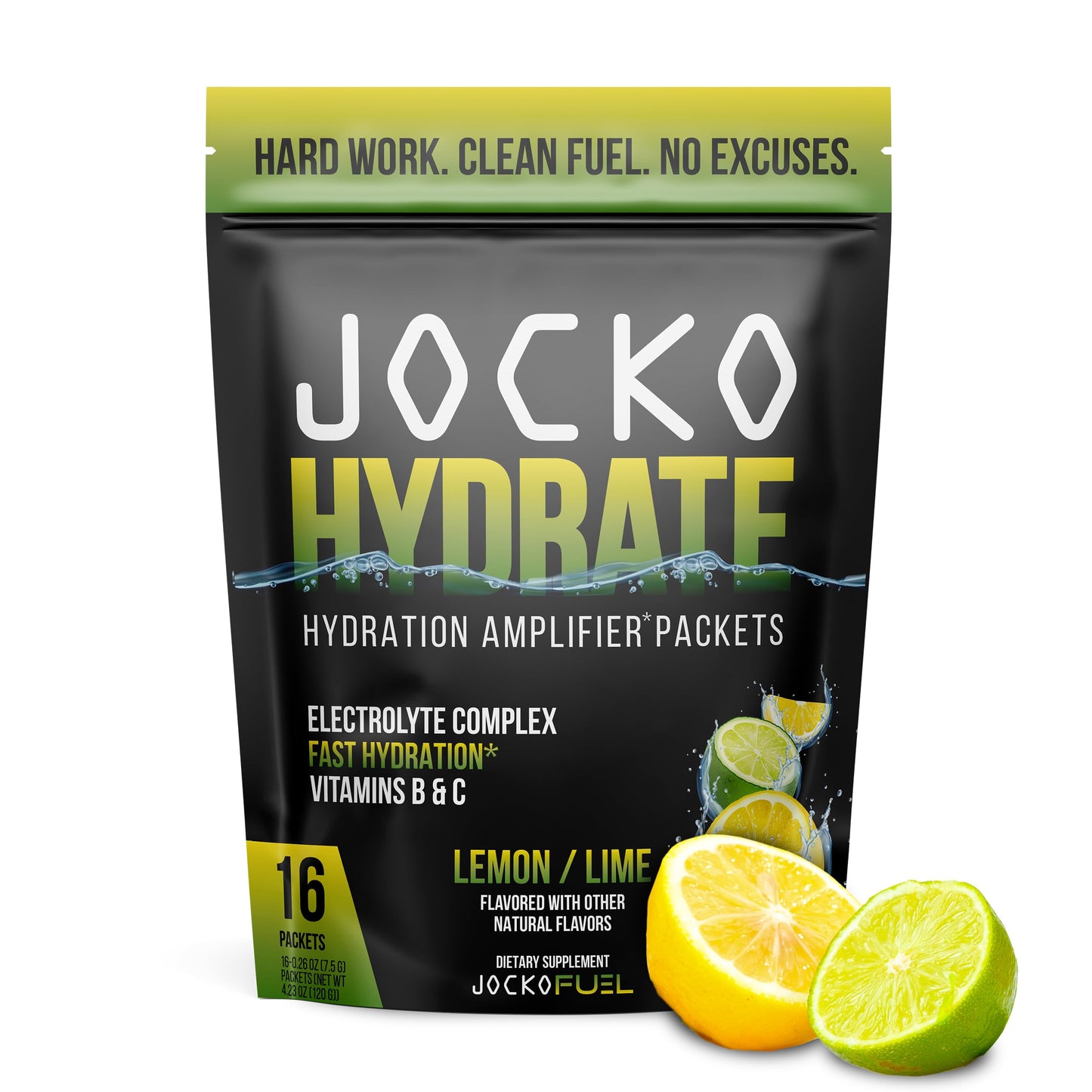 Jocko Fuel Hydrate Electrolytes Powder Packets Low Sugar - Hydration Amplifier Packets for Recovery, Dehydration, & Exercise - with Vitamins B6, B12 & C (16 Packets) Lemon Lime