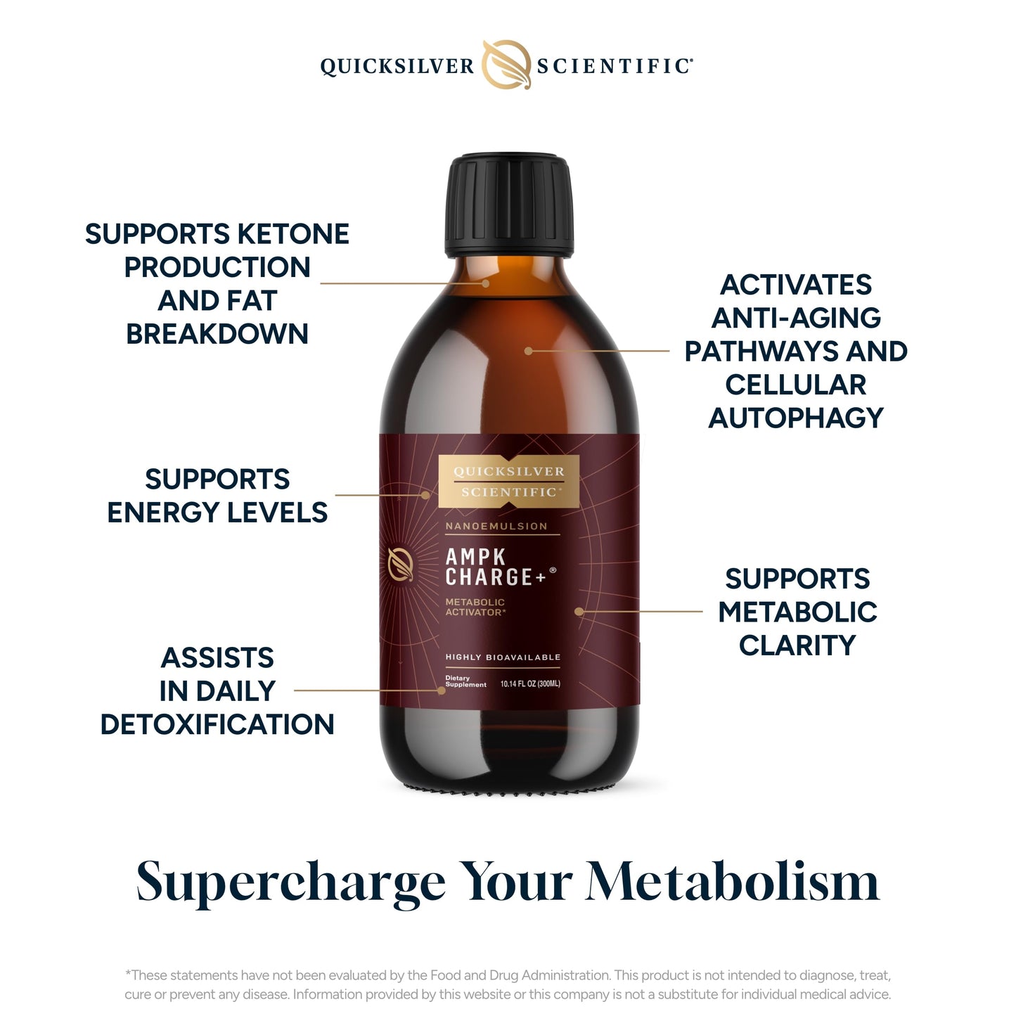 Quicksilver Scientific AMPK Charge+ - Support The Benefits of Intermittent Fasting, Carb Restrictive + Keto Protocols - Promotes Energy Production, Fat Breakdown + Healthy Aging (10.14oz / 300ml)