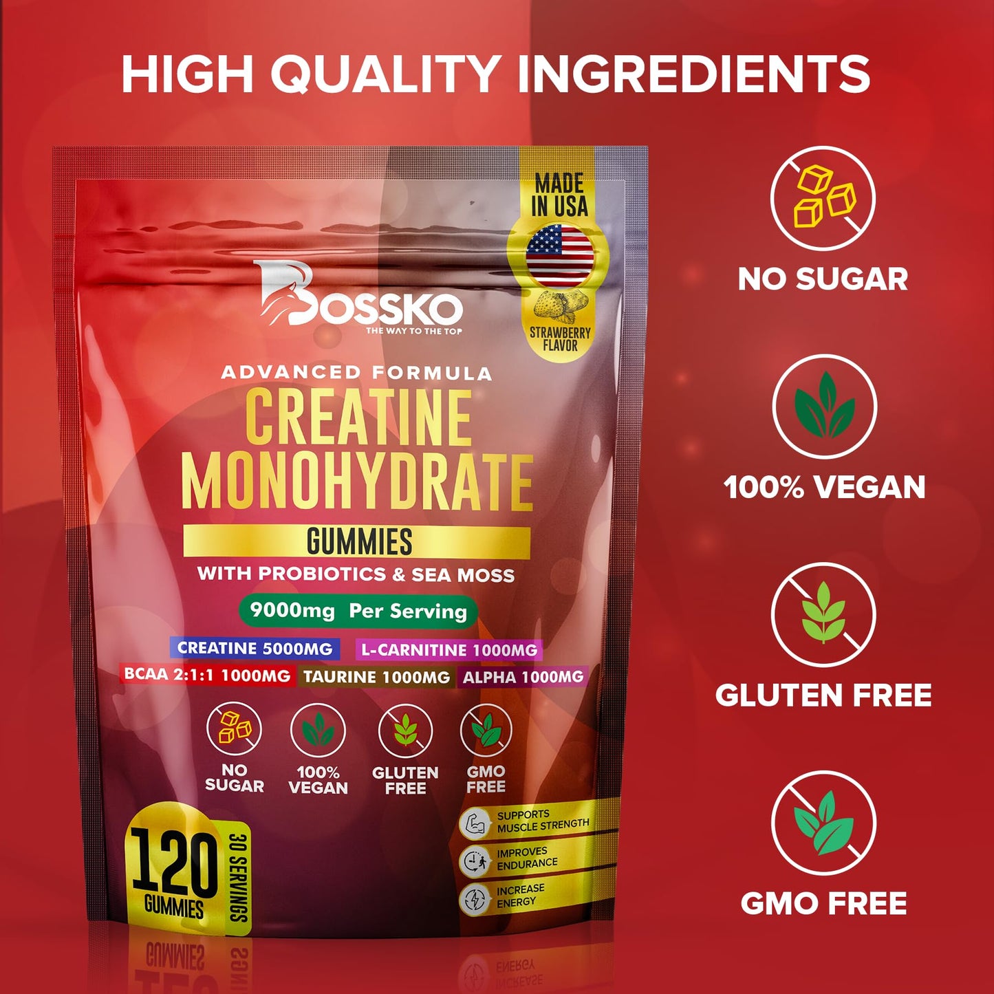 (9g) Creatine Monohydrate Gummies Complex with BCAA - L-Taurine L-Carnitine- B12 Probiotics Pre Workout Chewables Gummies for Men & Women for Muscle Strength Builder | Vegan Non-GMO