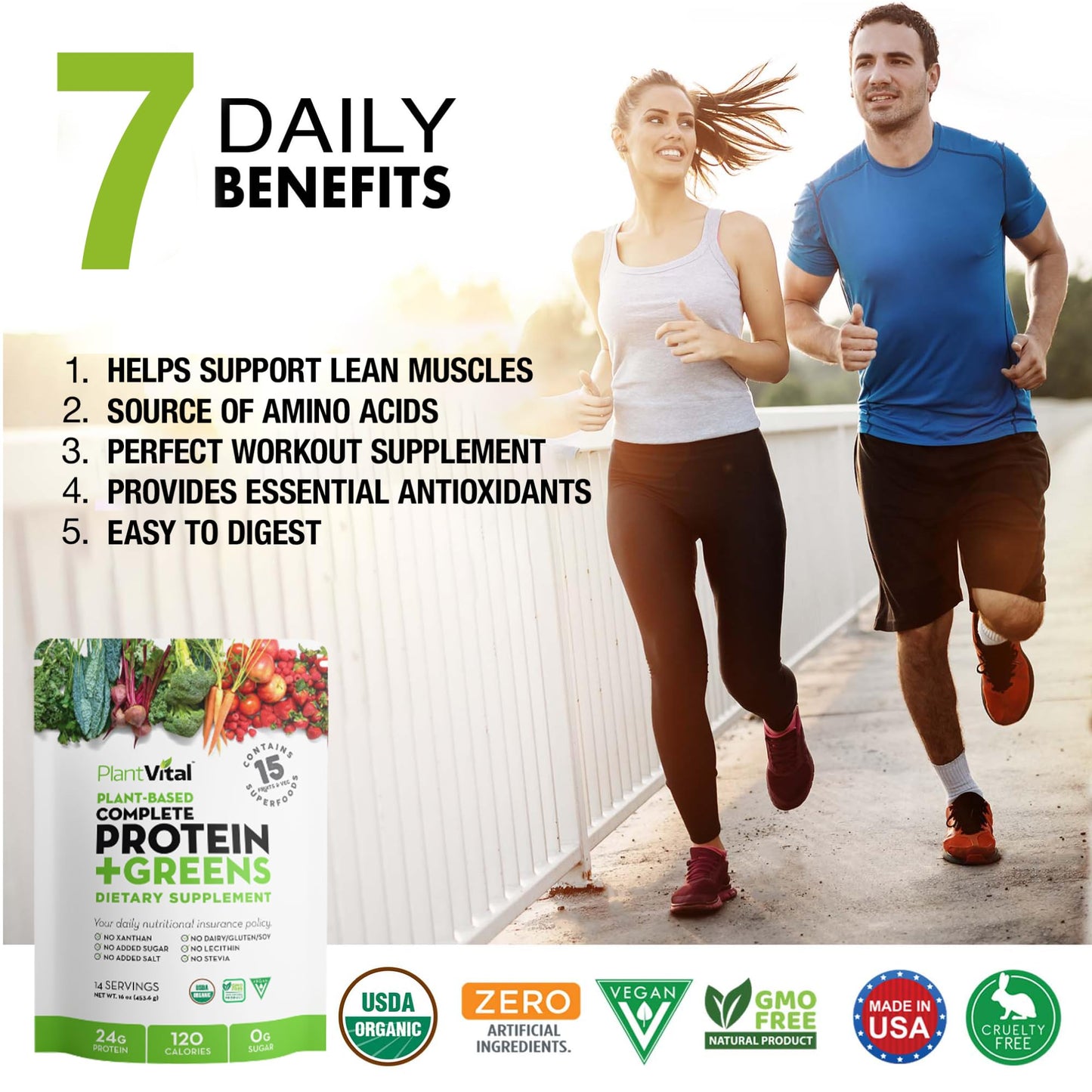 Plantvital Unflavored Organic Vegan Protein Powder - 15 Superfoods, Veggies and Probiotics - Organic Plant-Based Protein Powder - All BCAAβs, Gluten Free - 16oz -1 Pouch