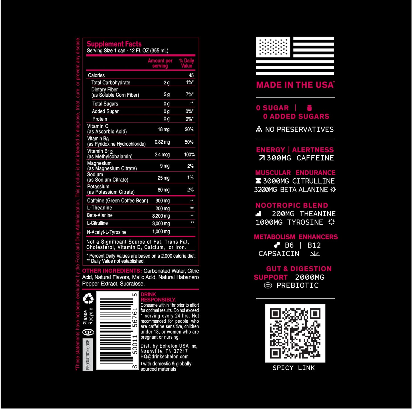 Echelon Pre-Workout Energy Drink - 12-Pack, Berry Habanero - Peak Performance, Sustained Energy, Focus and Endurance Dietary Supplement - 300mg of Caffeine, Beta-Alanine, L-Theanine & Fiber - Vegan