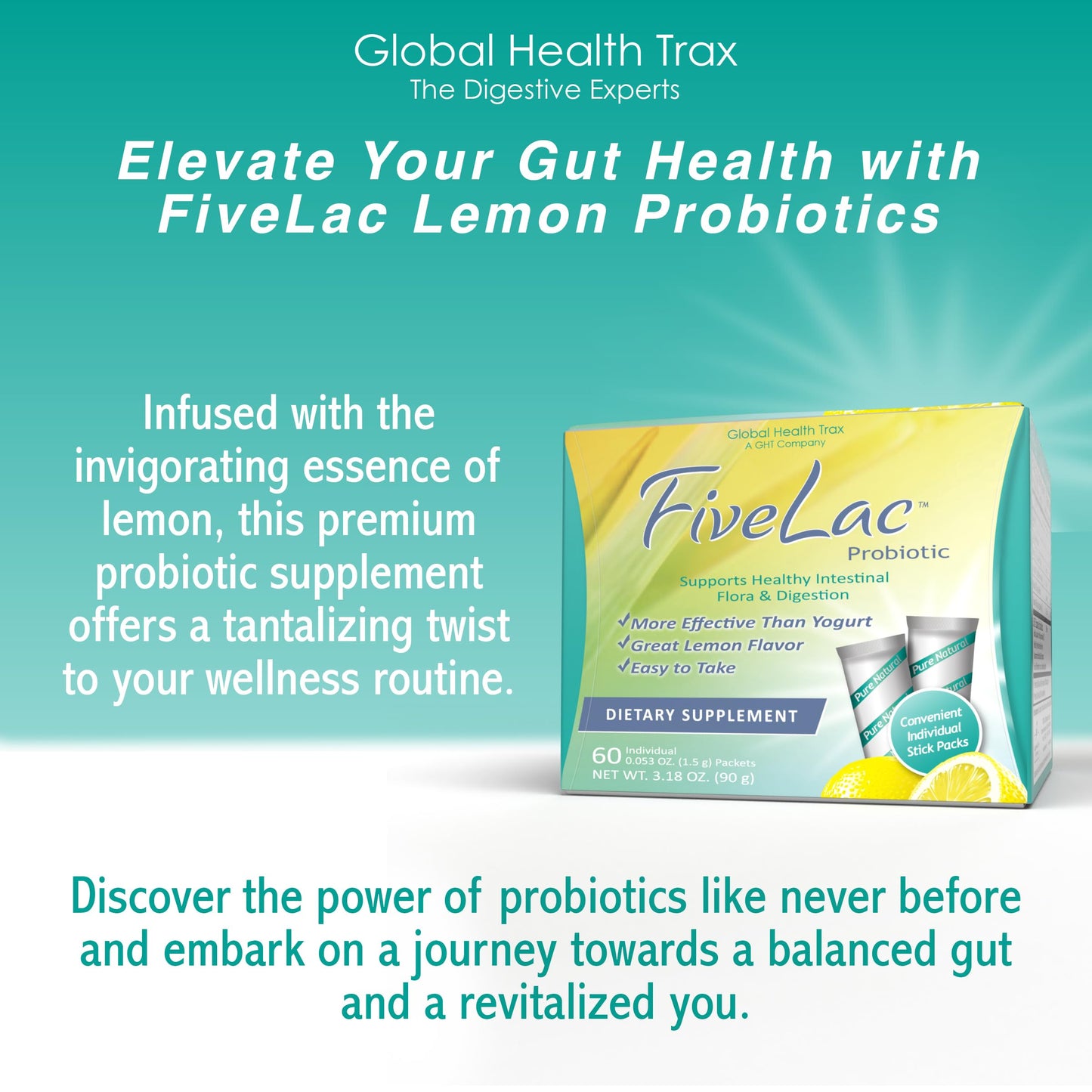 GHT - FiveLac Lemon Probiotic Powder Drink Mix, Probiotics for Women, Men, and Kids - Smooth Digestive Support and Elimination - Relieves Occasional Constipation and Gas - 60 Packets (3 Pack) Non-GMO