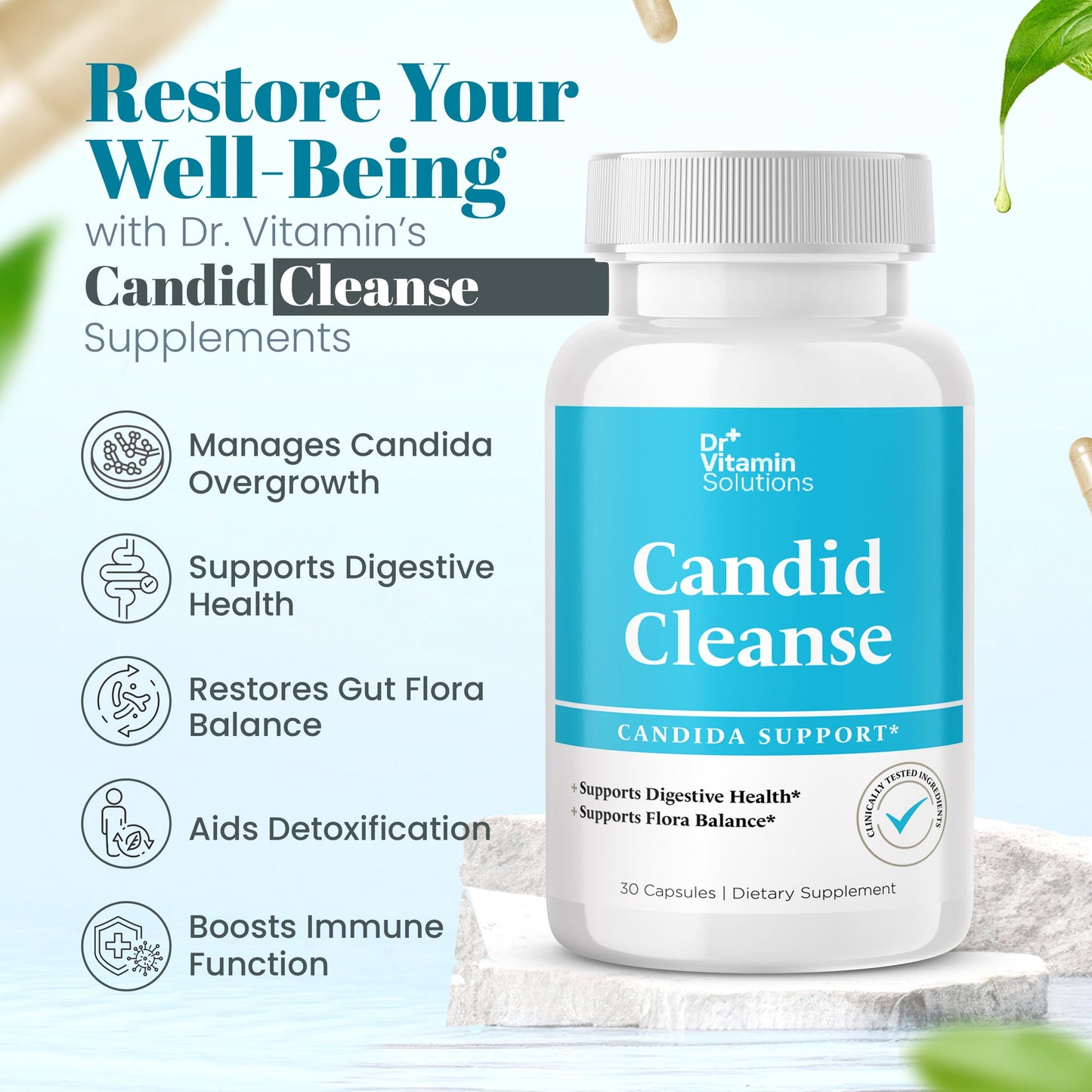 Dr. Vitamin Candida Cleanse Supplement for Men & Women | Supports Digestive Health & Flora Balance | Includes Oregano Leaf Powder, Caprylic Acid & LactoSpore for Detox & Gut Health | 30 Capsules