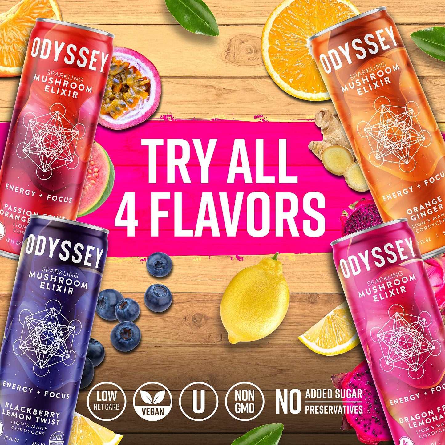 Odyssey Elixir Sparkling Adaptogen Drink Low Calorie Drinks L Theanine Lions Mane Cordyceps Green Tea Caffeine for Energy Focus NonGMO Vegan Dragon Fruit Lemonade Flavor 12 Fl oz 12 Pack