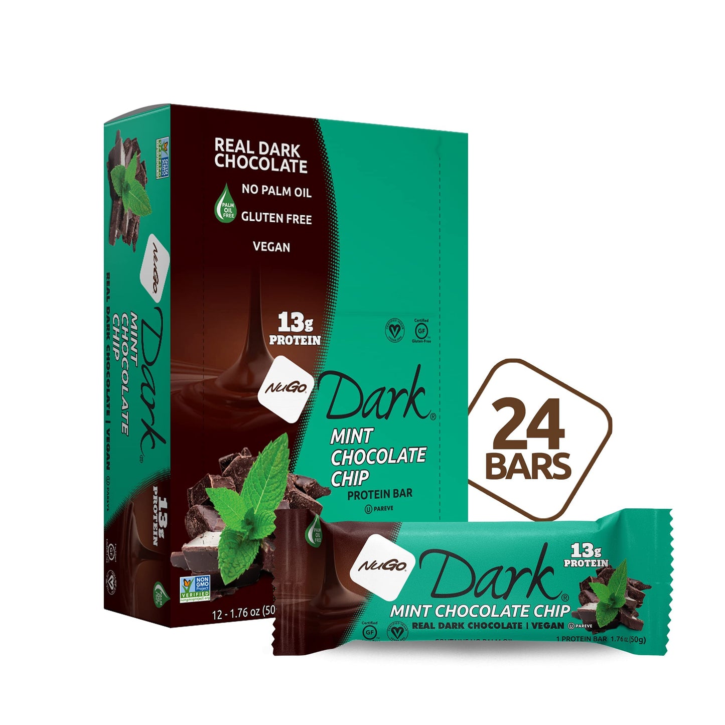 NuGo Dark Mint Chocolate Chip 13g Protein Bar Vegan Gluten Free NonGMO Kosher Pareve 24 Count