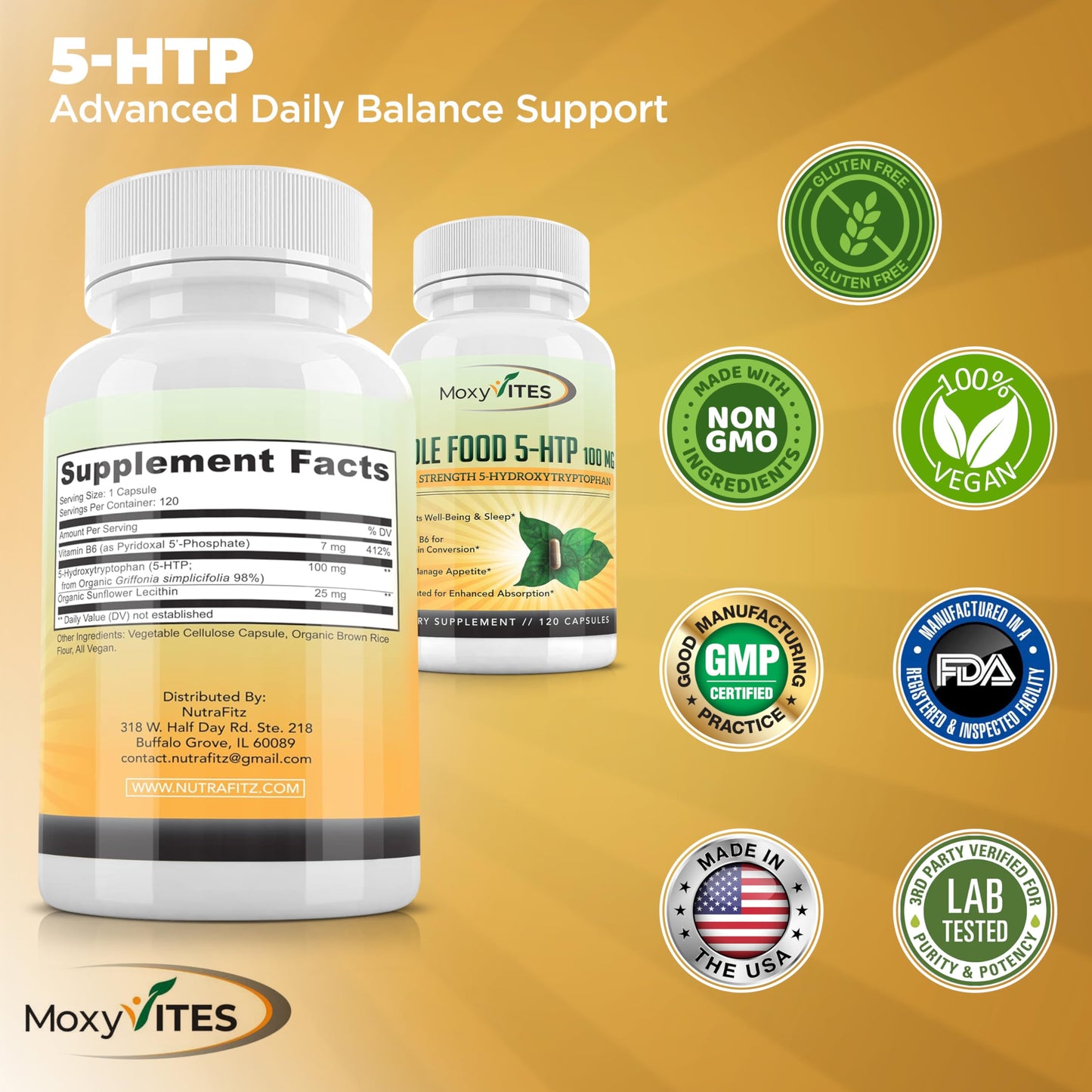 MoxyVites 5HTP 100mg Supplement, Plus B6, 5 HTP Organic Whole Food - Best Serotonin Booster - Non-GMO, 120 Vegan Capsules