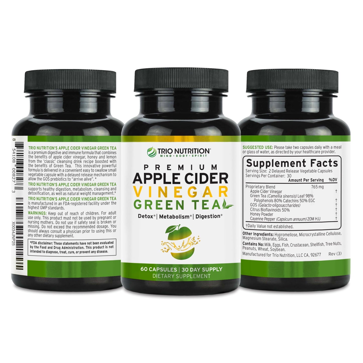 TRIO NUTRITION Apple Cider Vinegar Capsules with Green Tea - Natural Sugar Free Apple Cider Vinegar Pills with The Mother for Body Cleanse, Immune, Weight Management & Metabolism Support*