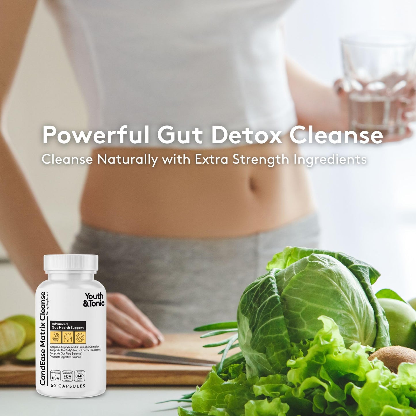 Youth & Tonic CandEase Cleanse Matrix - Overgrowth Support & Gut Health, Intestinal Flora Balance & Body Detox Complex with Oregano, Caprylic Acid, Digestive Enzymes, Probiotics, 60 Pills, Women & Men