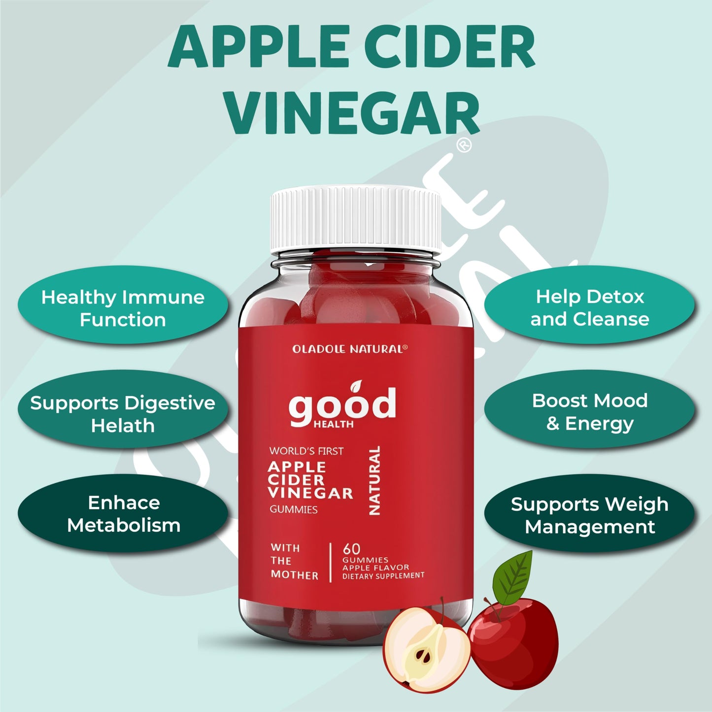 Oladole Apple Cider Vinegar Gummies with Mother - 60 Gummies | Delicious ACV Supplement | ACV Gummy | Enriched with Vitamin B12, B9, Pomegranate, Beetroot | Gelatin-Free, Gluten-Free, Vegan