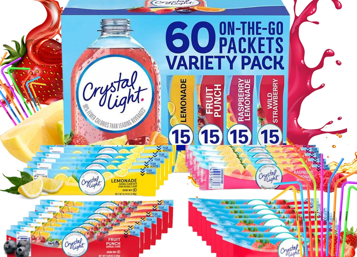 Crystal Light Packets Variety Pack 60 Flavored Drink Mix Packets Fruit Punch Raspberry Lemonade and Wild Strawberry Packets SugarFree Powdered Drink Mix with Drinkolin Straws Fits 169 oz Bottles
