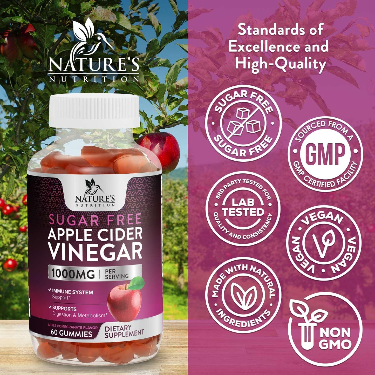 Nature's Nutrition Apple Vinegar Gummy for Weight Loss 1000mg - Vegan Apple Cider Vinegar Gummies for Detox & Cleanse, ACV Supplement Pills, Vitamin B12, Sugar Free ACV Gummy, Non-GMO - 60 Gummies