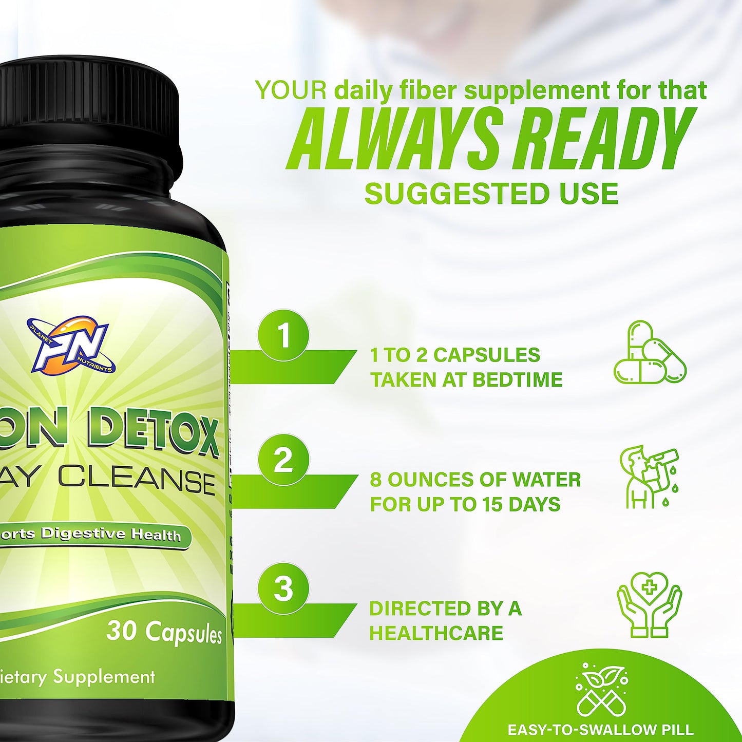 Planet Nutrients Colon Detox Capsules - Day Cleanse with Magnesium Supplement and Stool Softeners - Ultimate Detox Cleanse for Weight Loss & Gut Health for Women - Non-GMO- 30 Capsules