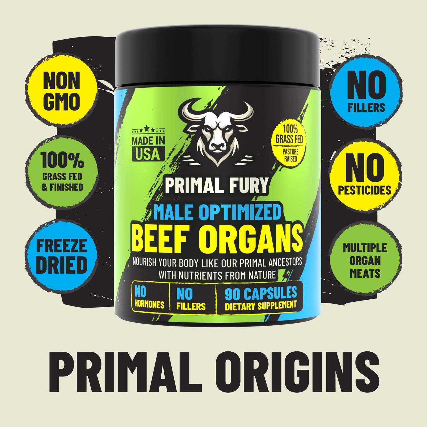 Grass Fed Beef Organ Supplement for Men - Male Optimization Pills - 6 Vital Beef Organs to Drive Prostate Health & Peak Performance, Made in USA, 60 Capsules