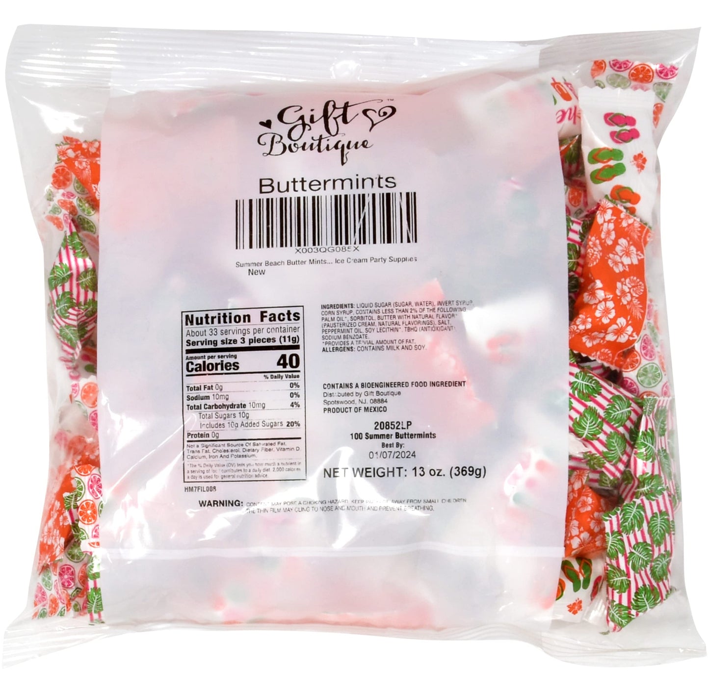 Gift Boutique Summer Beach Butter Mints Candies Bag 100 Count Individually Wrapped Mint Candy 13 Ounce Bags Goodies Treat Tropical Aloha Hawaiian Luau Hibiscus Pool Baby Shower Party Supplies