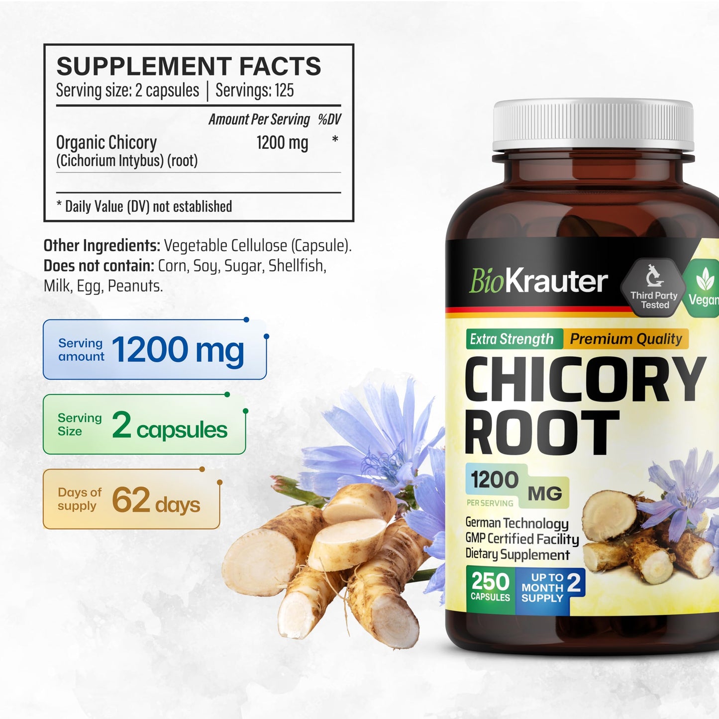 BIO KRAUTER Chicory Fiber Supplement - 1200 mg Strength - 250 Count - Chicory Root Powder - Inulin Capsules for Digestive Support - Vegan