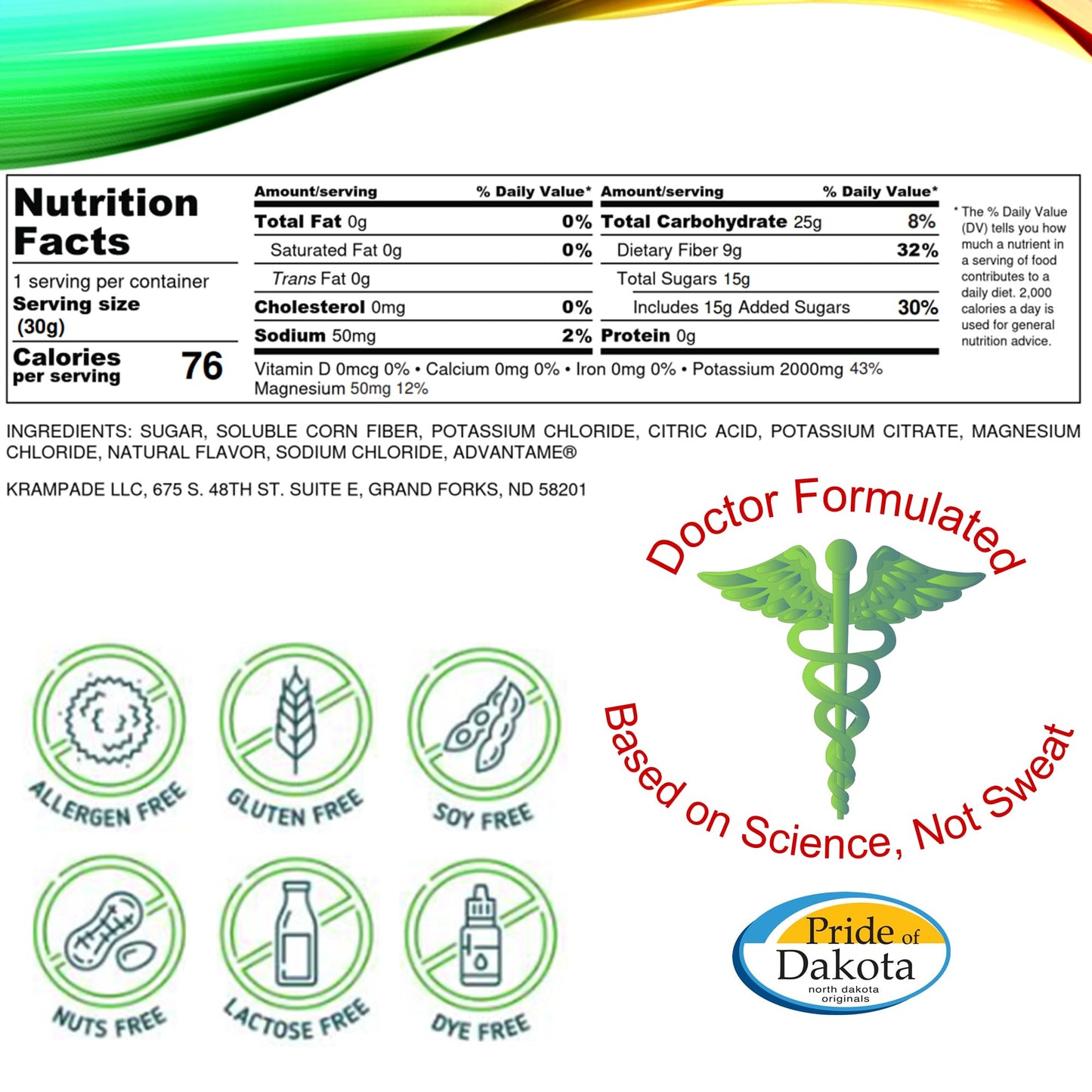 Krampade Fiber Supplement Electrolytes Powder - 9g Prebiotic Fiber + 2000mg Potassium Supplement + Magnesium | Cramp Relief | Hydration Packets| Digestive Health Support