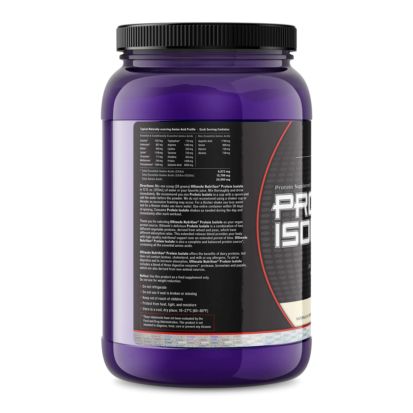 Ultimate Nutrition Vegan Plant Based Protein Isolate Powder - No Sugar and No Lactose - 20 Grams of Protein Per Serving with 100% Naturally Occurring BCAAs, Vanilla, 2 Pounds