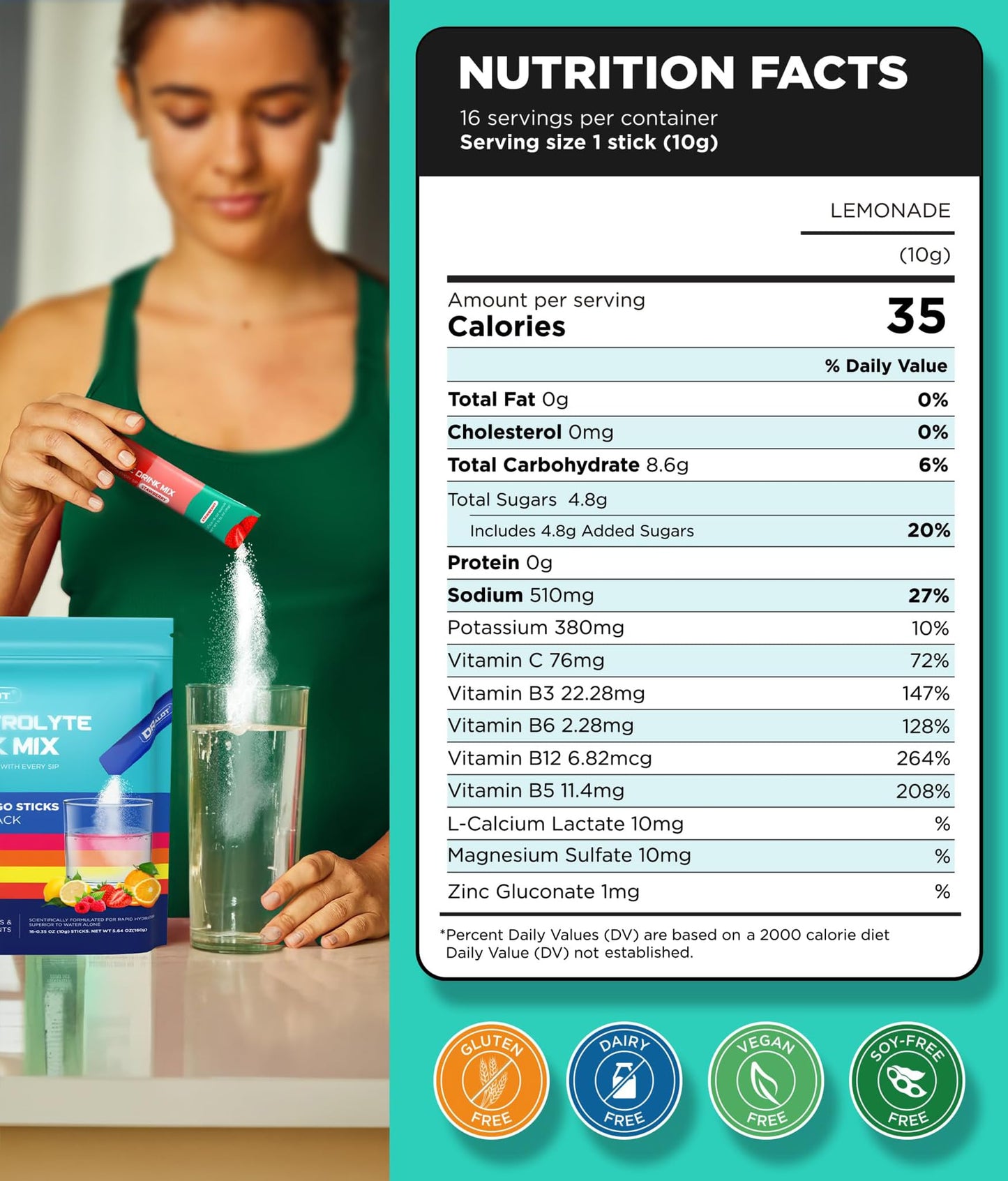 Dralot Sugar Free Electrolytes Powder with Natural Flavors, 3X Rapid Hydration Packets with 10 Electrolyte & Vitamins, Liquid Daily IV, Non-GMO, Gluten-Free, Keto, Vegan, 16 Sticks