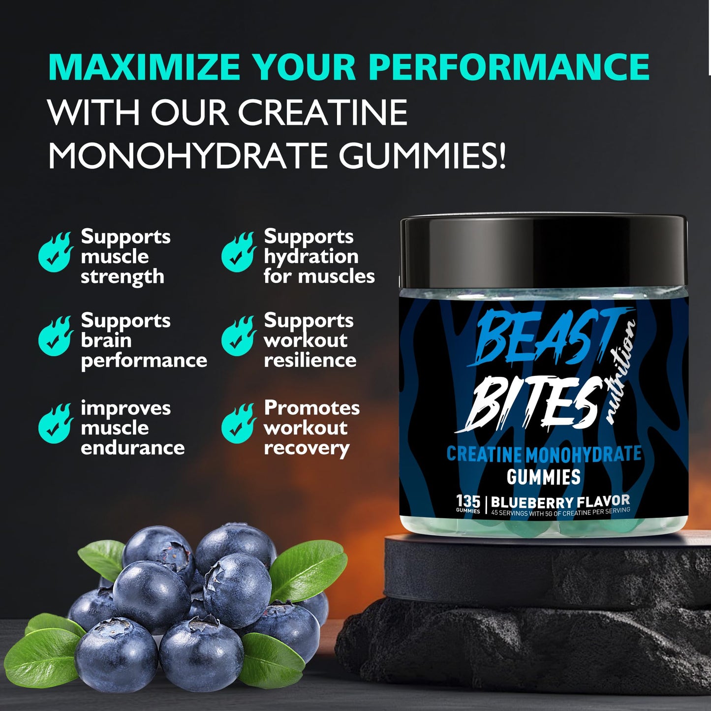 BEAST BITES Nutrition Creatine Monohydrate Gummies for Men & Women - 5g of Creatine Monohydrate per Serving - Sugar Free,Vegan, Blueberry Flavor, 135 Count
