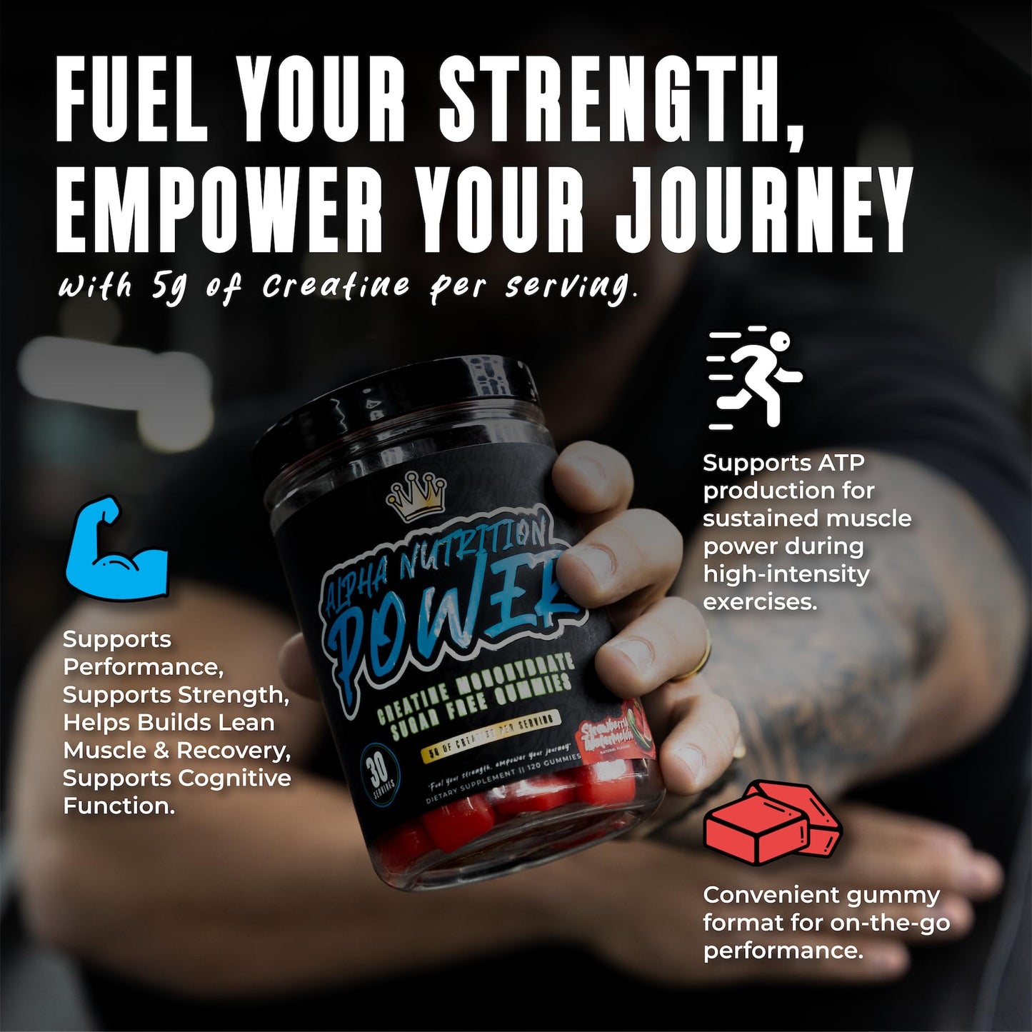 Alpha Nutrition Power Creatine Monohydrate Gummies 5g, Chewables for Men & Women, Creatine for Men, Preworkout Gummy, for Muscle Growth, Strength & Energy, Strawberry-Watermelon, 120 Gummies