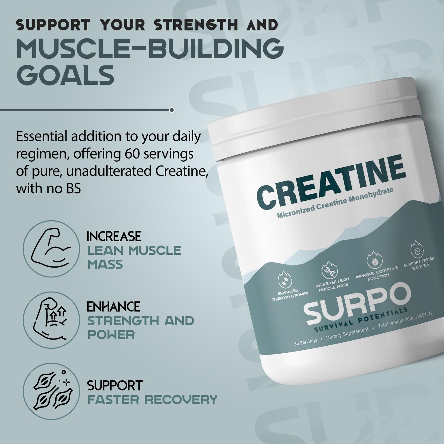 SURPO Micronized Creatine Monohydrate Powder - 300g, 60 Servings | Pure Creatine Powder | Unflavored | Gluten Free & Non GMO Workout Supplements for Men & Women | Ideal for Muscle Recovery & Growth
