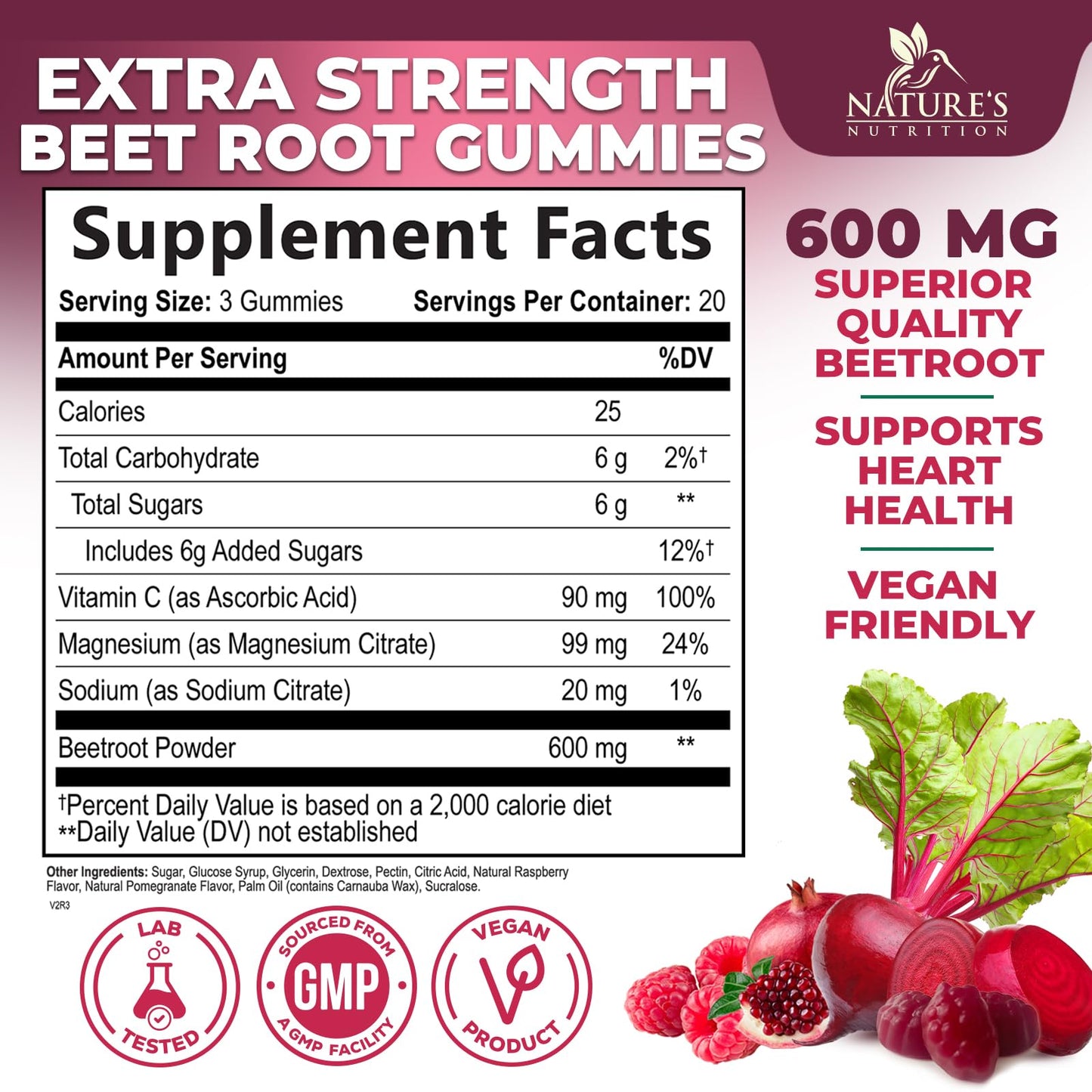 Beet Root Supplement Gummies - 500mg Per Serving with Vitamin C & Magnesium - Energy Heart Health Support, Supports Nitric Oxide Production - Gluten Free Beetroot Gummy - Berry Flavor - 60 Gummies