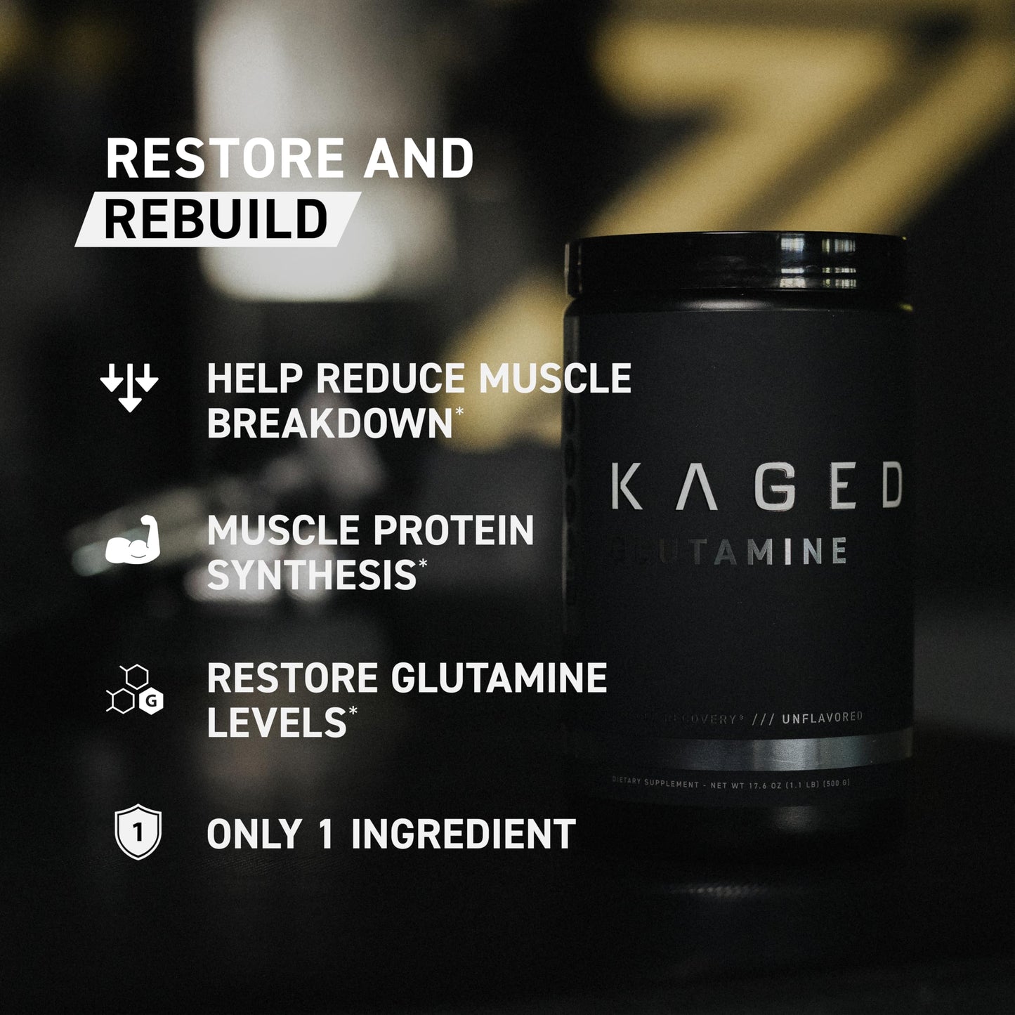 Kaged Muscle, L-Glutamine Powder 500 Gram, Vegan, Support Muscle Recovery, Post Workout, Glutamine, Banned-Substance Free, Unflavored, 100 Servings