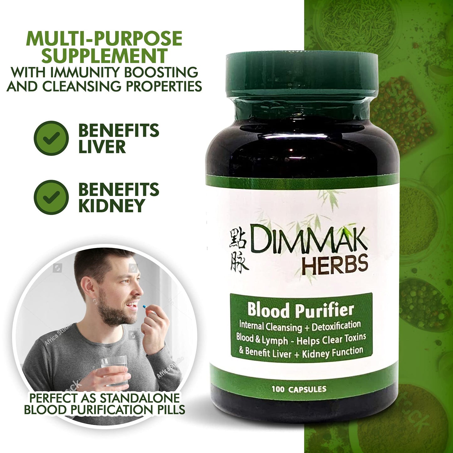 Dimmak Herbs Certified Organic Blood Purifier for Internal Cleansing & Detoxification + Benefits Liver and Kidney Function | Lab Tested Herbal Supplement 100 Capsules