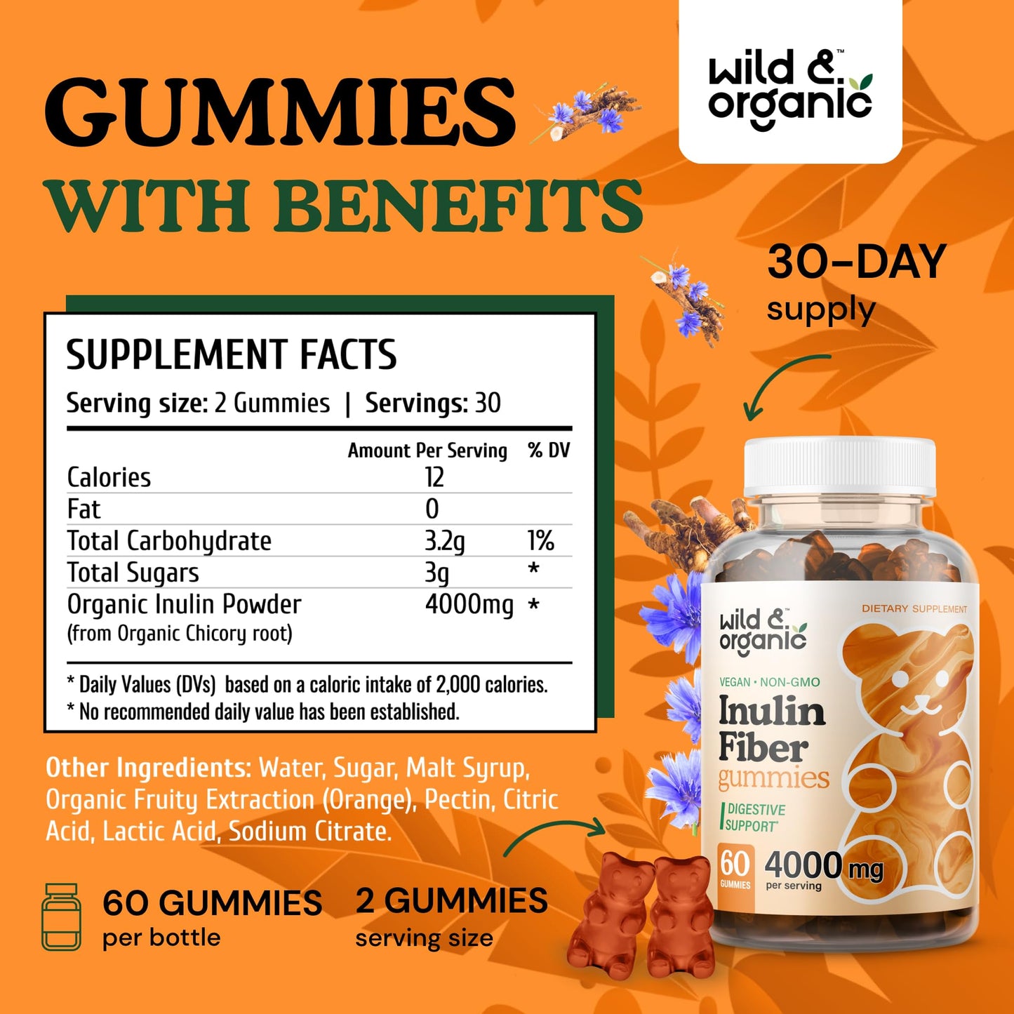 Wild & Organic Inulin Fiber Gummies 4000mg - Digestive Support w/Chicory Root - Soluble Fiber Supplement w/Inulin Powder - Prebiotics for Gut Support - 60 Prebiotic Gummies