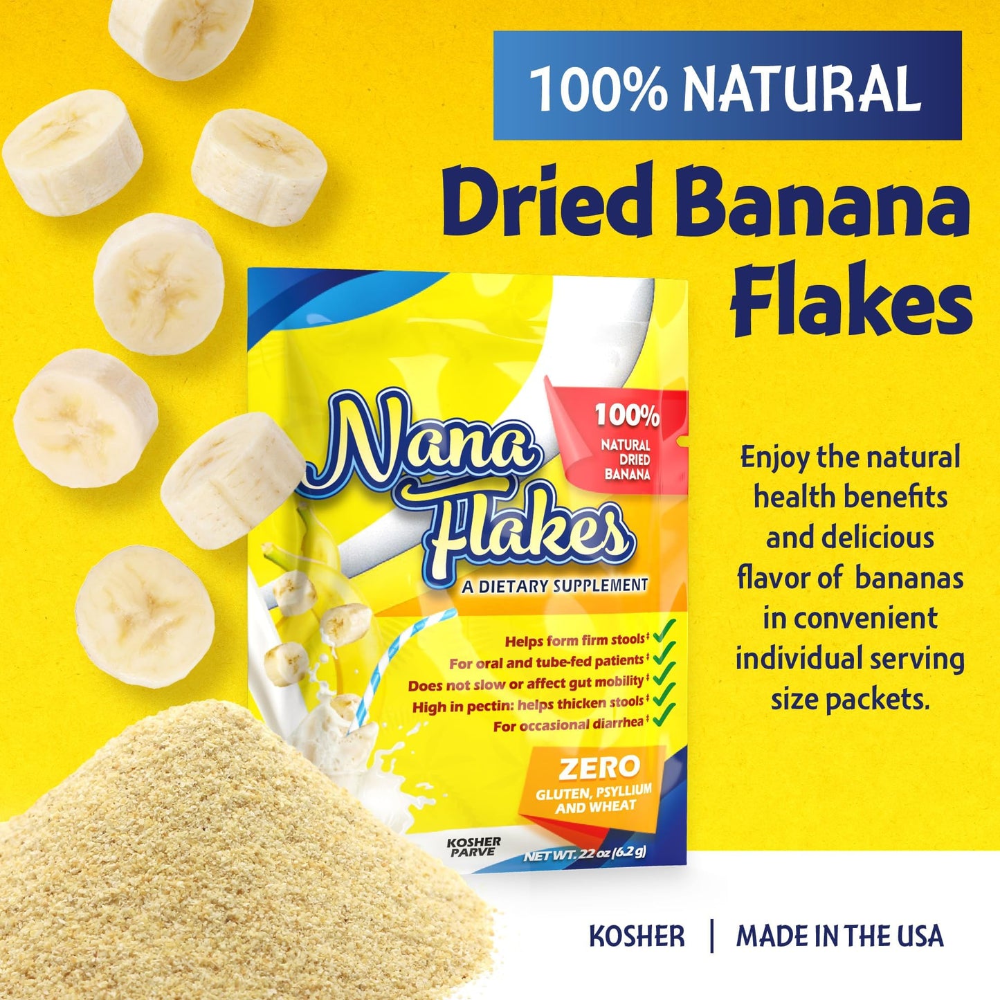 Nana Flakes 100% Pure Banana Flakes Medical Food Powder - Decrease Fat Intake & Natural Remedy for Diarrhea & Heart Burn - Great Source of Protein & Fiber (25 Single-Serve Packs)