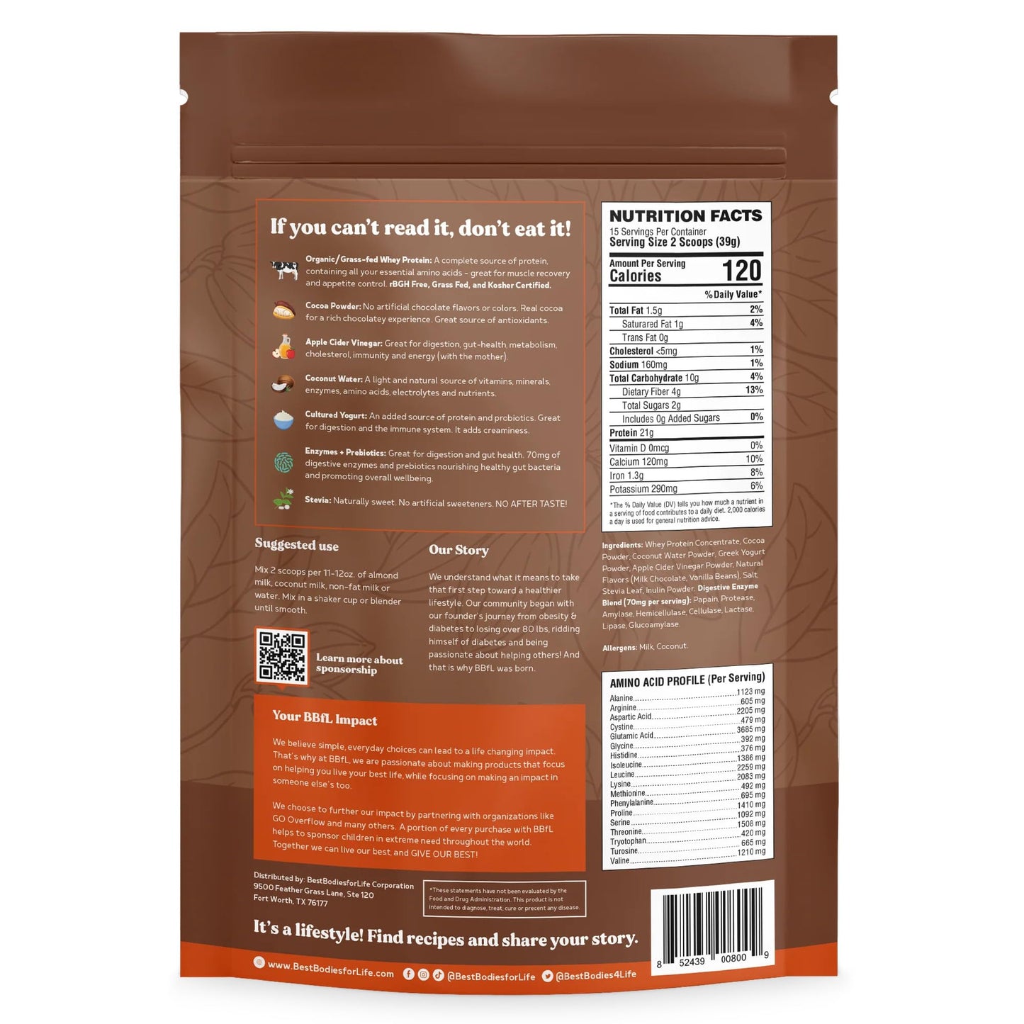 BBfL Meal Replacement Shakes, 21g Protein, Organic Whey Protein Powder, Apple Cider Vinegar, Digestive Enzymes, All in One Shake for Women & Men (15 Servings, Cocoa Cream)