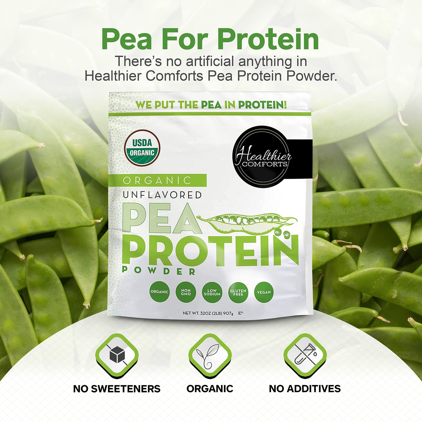 Healthier Comforts Pea Vegan Protein Powder w/Low Sodium | 100% Plant Based Protein Powder | Kosher, Gluten Free, Non-GMO, Keto Friendly, Organic Protein Powder | Unflavored Protein Powder 32oz