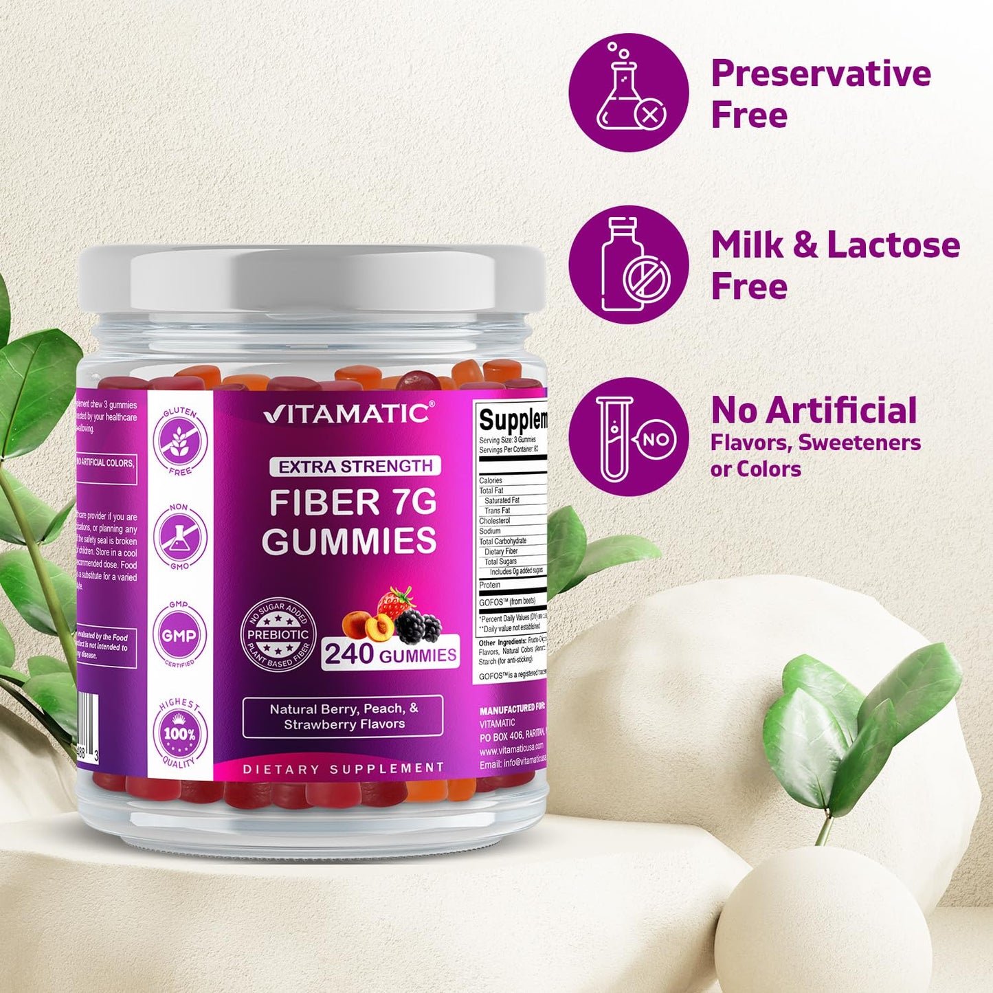 Vitamatic Prebiotic Fiber Gummies for Adults, 7G Extra Strength, Zero Sugar Added, 240 Pectin Based Gummies, Digestive Health & Regularity Support
