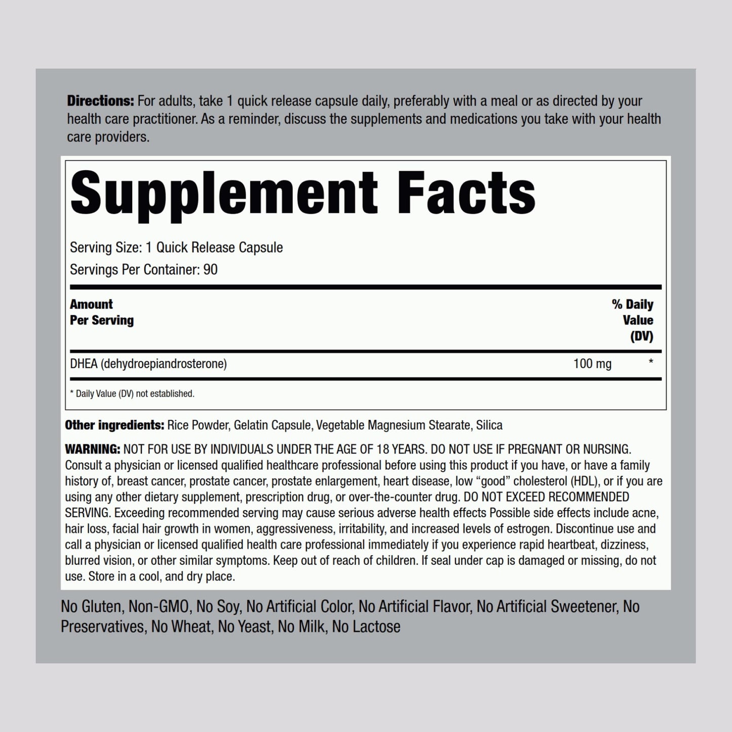 Piping Rock DHEA for Women and Men 100mg | 90 Capsules | Dehydroepiandrosterone Supplement | Non-GMO, Gluten Free