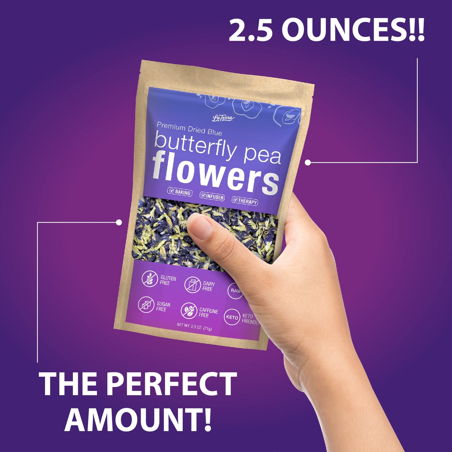 La Terra Premium Dried Blue Butterfly Pea Flower 35 OZ 100 Raw with No Fillers or Additives Gluten Dairy Caffeine Sugar Free Vegan Keto Friendly Hot and Cold Beverages