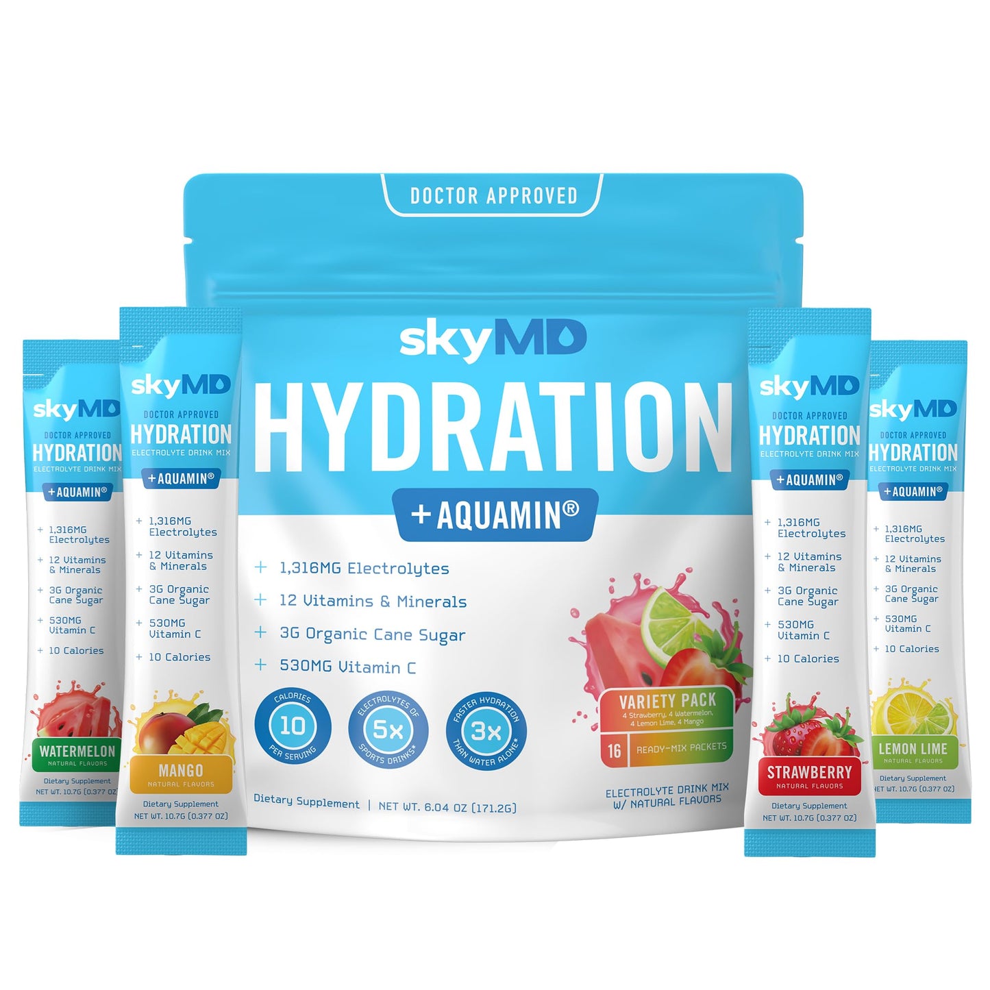 skyMD Variety Pack Electrolyte Drink Packets | Fast-Acting Hydration Boost | Low-Sugar Formula for Energy & Recovery | Easy Mix for Water or Travel | 16 Single-Serve Sticks